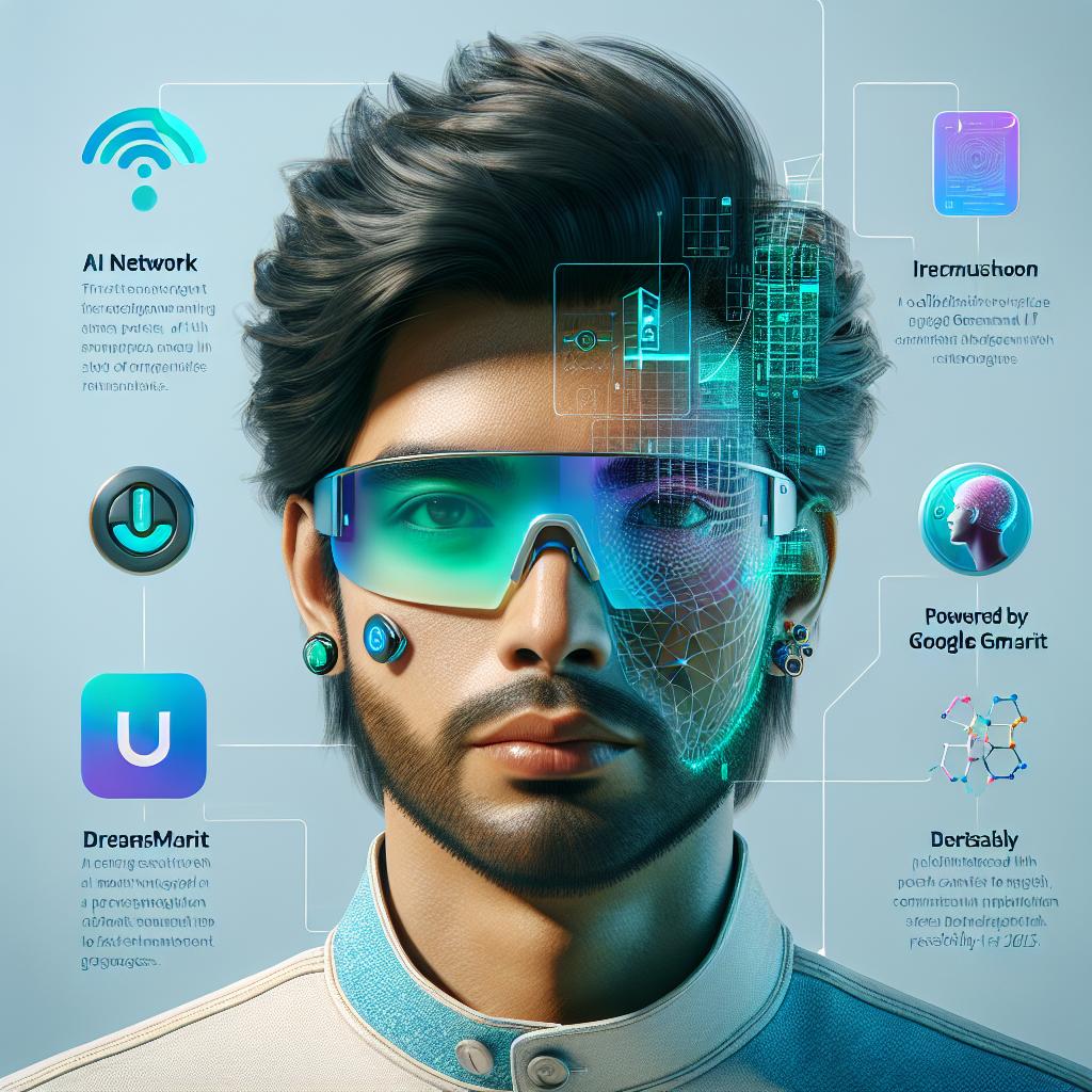 Create a corporate-styled 2D, vectorial and flat image set in a futurist environment. The image should depict a South Asian man donning the latest AI Web3 eyewear. The eyewear is a collaborative venture by Up Network and DreamSmart, powered by Google Gemini, heralding a post-smartphone period feasibly by 2025. Use vibrant colors like blues and greens to signify the vibe of modernness and technological progress. Place the character against a sleek white, texture-free backdrop that underscores the futuristic innovation the eyewear illustrates. Integrate symbols of AI and blockchain techniques to represent the integrated technologies. Lastly, depict an image of a digital graph or application to imply the intuitive interaction with technology offered by these glasses.