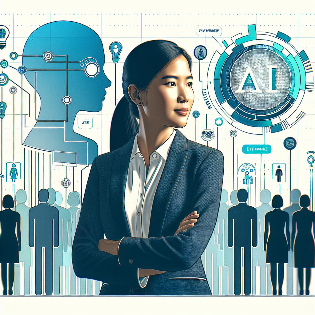 Visualize a South Asian woman in professional clothing, symbolizing the new CTO of a generic AI firm. The scene is captured in a 2D, linear perspective with a flat and vector style. Look for a clean, white, texture-less background. Incorporate the brand colors of blues and greens, which stand for technology and innovation. There are silhouettes of diverse gender and race people interacting with technology, symbolizing the user connection. Make sure the company's logo is prominently displayed for strengthening brand identity. The events take place on December 5, 2024, marking a new era in entertainment solutions through AI.
