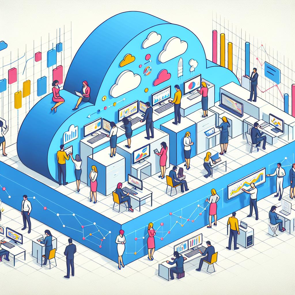 Create a 2D, linear perspective, corporate-styled image in a flat and vectorized style on a white and textureless background. In the middle, showcase a group of people from various descents and genders busy working on computers to represent Yassir's technological infrastructure upgrade. Above them, illustrate a big fluffy cloud to symbolize the migration to Google Cloud. Intersperse within the cloud and descending, several graphs and charts indicating data analysis. The goal is to represent Yassir's migration to a unified data storage and analytics platform.