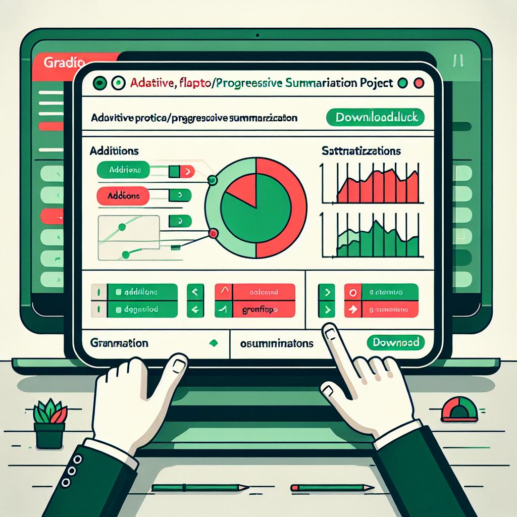 Create a 2D, flat, corporate-style image depicting the interface of Gradio app used for Adaptive/Progressive Summarization project in a vectorial style. The scene should be set against a plain and texture-less white background. The interface demonstrates the functionality and usability of the application. Use green to highlight additions and red to emphasize subtractions, visually indicating changes. Include a download button to signify the exportation of summarized information.