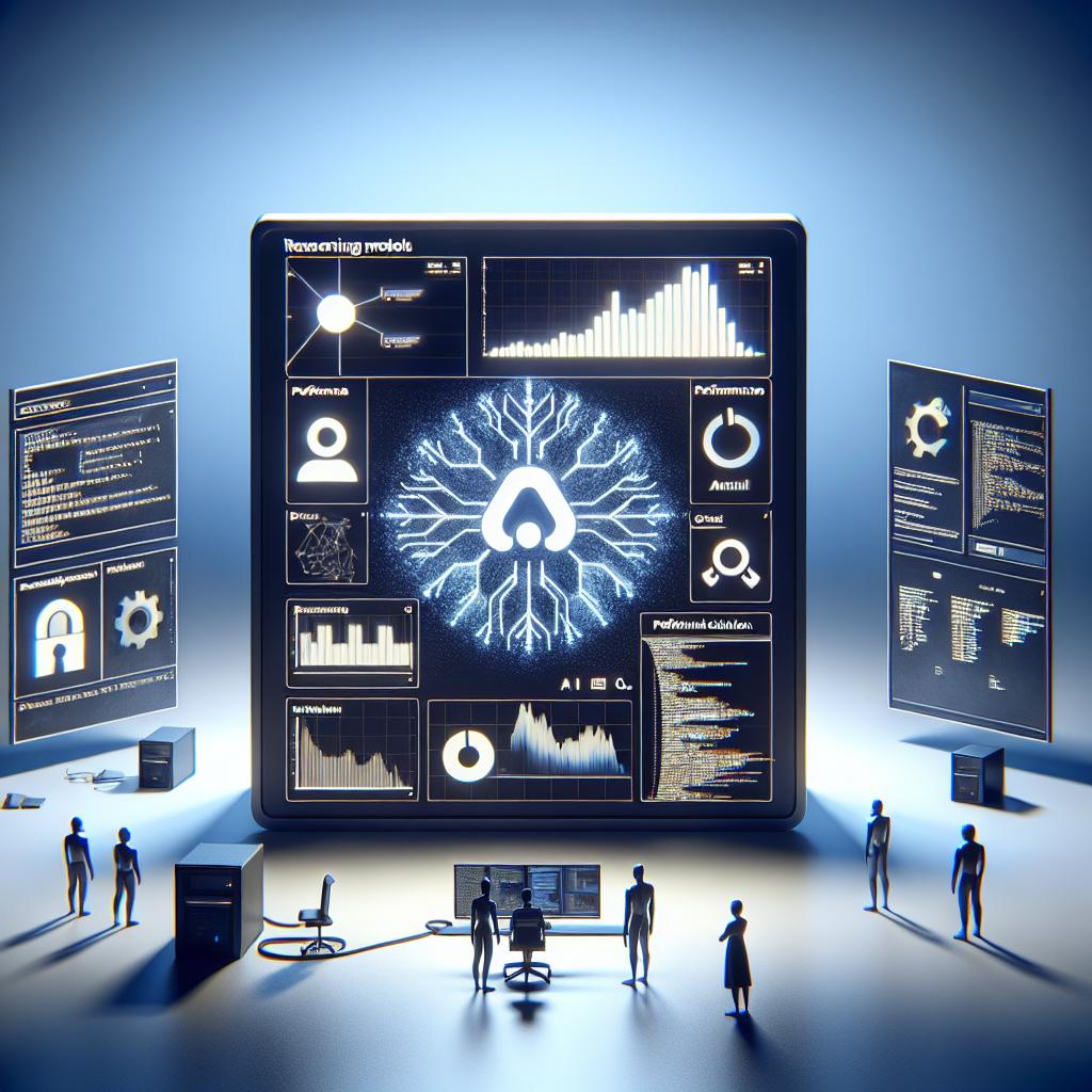 Create an image in a 2D, linear perspective. Set it against a white, untextured background. The focal point of the image is a computer screen showcasing OpenAI's new reasoning models, o3 and o3-mini. On the screen, there are performance charts and code snippets carefully displayed, signifying technological innovation and scientific collaboration. Around the screen, on a dark blue backdrop that emulates the idea of advanced technology, add a few security icons to symbolize OpenAI's commitment to safety. And finally, include the silhouettes of researchers subtly scattered around the scene, emphasizing research collaboration between OpenAI and the wider community.