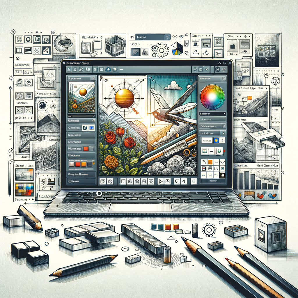 Illustrate a 2D, vector-style image in a corporate, flat design with a seamless, white background. The focal point of the image is a software interface, symbolic of the Lenovo Creator Zone. The interface showcases the capabilities of text-to-image, sketch-to-image, and image-to-image functionalities. For the text-to-image feature, visualize text being typed into a box, and for the sketch-to-image feature, show a sketch on a digital canvas. An additional element to incorporate is a reference image for the image-to-image functionality. Lastly, include various image editing tools in the visual to highlight the advanced editing capabilities of the software.