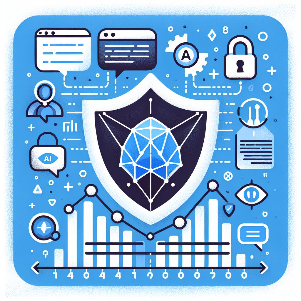 Create a flat, corporate-style, vector image with a 2D linear perspective and a textured-less white background. The main focus is a graph representing Telegram's moderation efforts, with emphasis on the removal of harmful groups and channels. Picture the artificial intelligence tool as a shield, symbolizing the protection of users. Further elements to include are an AI icon, which manifests the utilized technology, and a padlock image that symbolizes security and reassurance. The primary colors should be blue and white to maintain Telegram's visual identity.