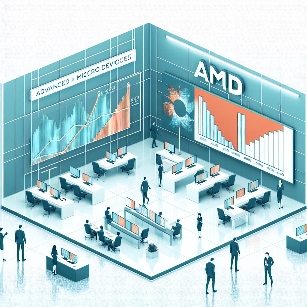 Create a 2D, vector-style corporate image with a flat, linear perspective set in a modern office environment. The scene should have a white, untextured background. The performance of Advanced Micro Devices (AMD) should be represented with comparative sales graphs alongside cutting-edge AMD products, signifying the company's growth. Employ a color scheme of blue and orange, symbolizing AMD's visual identity. Avoid depicting any specific individuals or brands apart from AMD and generic graphs for illustrative purposes.