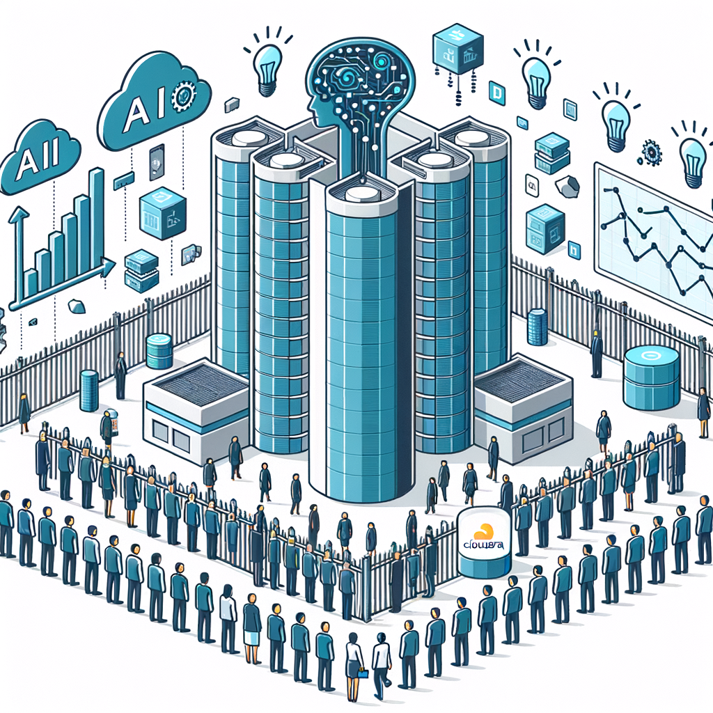 Create an image in a 2D, flat, corporate style on a plain white, textureless background, depicting a modern data center. Include icons that symbolize Artificial Intelligence and data analysis. There should be a graph illustrating the rise in AI adoption and the Cloudera logo should be present in the bottom right corner of the image. Data silos should be illustrated as barriers being removed, signifying the eradication of obstacles in data management. All the elements should be in vectorial form reflecting the overcoming of AI challenges with Cloudera's solutions.