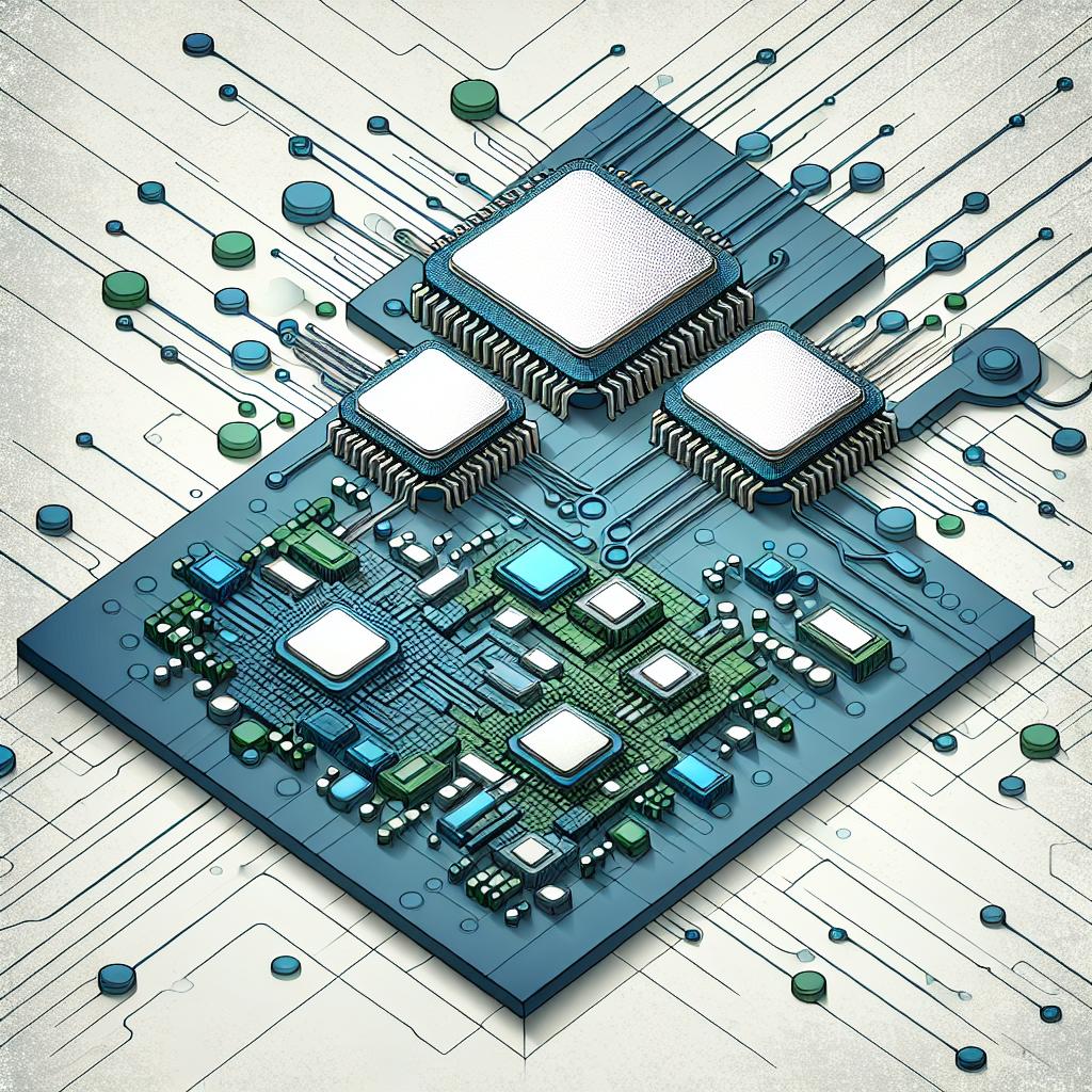 Generate a 2D, linear perspective graphic illustration in a flat, corporate vector style. The main focus of the image is on interconnected chiplets symbolizing modularity and innovation in semiconductor technology, residing on a textured white background. Surrounding the chiplets, portray complex blue and green circuits representing intricate technology. These elements together suggest the promise of cheaper, more efficient chips through modularity and functional specialization, reflecting a revitalization of Moore's Law.