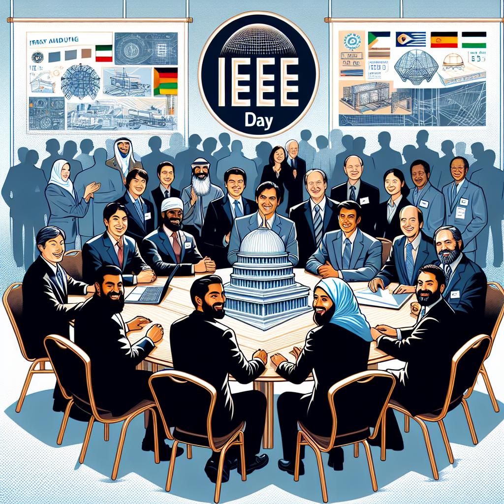 Create an image in a vectorial, corporate, and flat style traditionally seen in late 19th-century prints. The primary medium being 2D digital art that uses linear perspective. The image is set in a conference environment where a group of engineers from different nationalities, including Caucasian, Hispanic, Black, Middle-Eastern, and South Asian, are seen smiling and interacting, symbolizing global unity and collaboration. They are celebrating IEEE Day, marking the 15th anniversary of the first engineer's meeting in 1884. In the background, the logo of the IEEE Day is present representing the organization behind the event. Banners featuring various events are interspersed in the scene, suggesting the range of activities that take place during IEEE Day. The image has a texture-less, white background.