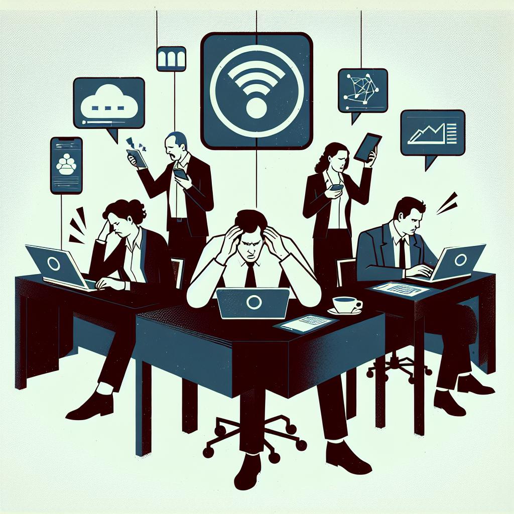 Create a 2D, flat, corporate-style vector image set against a plain white, textureless background. The image should focus on frustrated users in a work environment, each using digital devices to report on the instability of a service. These devices should display messages about the said instability. Additionally, include a logo symbolizing the affected technology tool in the background. The overall feel of this image should highlight the heavy reliance on technology in our daily lives, especially in a work setting.