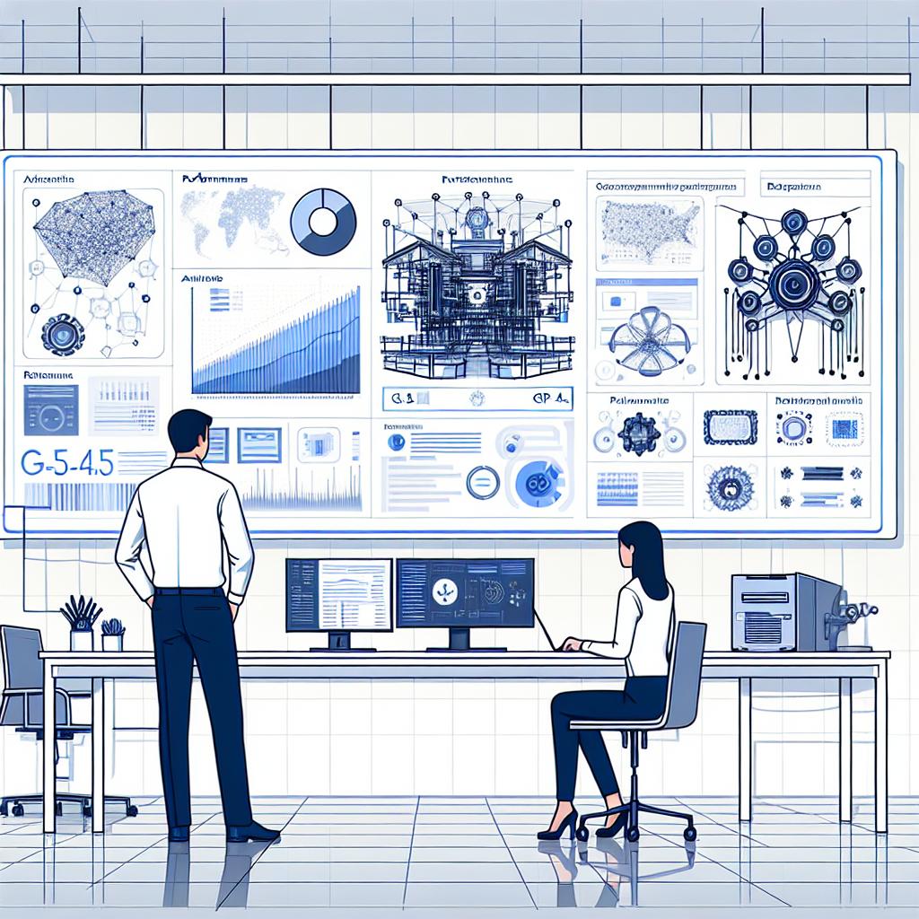 Create a 2D linear perspective image in a flat, corporate, and vectorial style, representing an advanced, modern, and technological setting. The scenario is a futuristic workspace, symbolic of innovation in artificial intelligence. It features two OpenAI scientists, one a Black man and the other a Caucasian woman, engaged in a discussion about GPT-4.5. Behind them is a large screen showcasing various performance charts and model interactions that suggest the analysis and performance of the new model. The predominant colors are white and shades of blue, embodying modernity and technology. The backdrop is plain white and textureless.