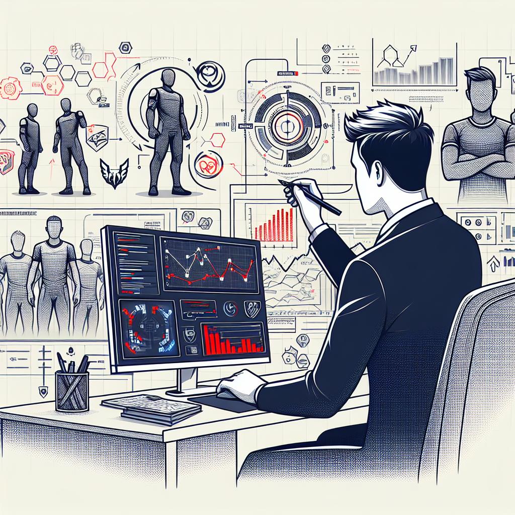 Draw an image in a corporate, flat, and vector style. The scene is set in a 2D linear perspective with a plain white background. The main focus is on an esports manager using technology to analyze data. Graphs and statistics overlay the background symbolizing the merge of technology and electronic competitions. Additional elements include various charts representing the analyzed data on player performances, a computer symbolizing the use of technology in team management, images of esports players representing the focus on electronic competitions. A chat interface represents the interaction between managers and technological tools.