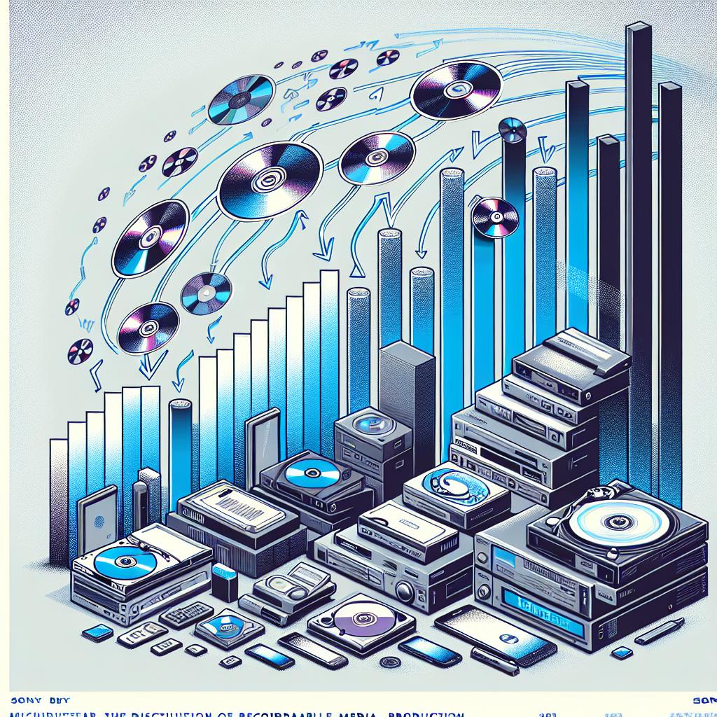 Illustrate the discontinuation of recordable media production by Sony with focus on Blu-Ray, MiniDisc, and MiniDV formats on a white, untextured background in a 2D, linear, vector style. The image should symbolize the transition from physical to digital formats through the depiction of streaming graphics and modern devices. Represent technological evolution with devices like smartphones or tablets. Emphasize the rise of digital formats with streaming graphs. The outdated formats could be symbolized by featuring a few MiniDiscs and Blu-Rays. The color palette should consist of shades of blue and gray, invoking thoughts of technology and futurism.