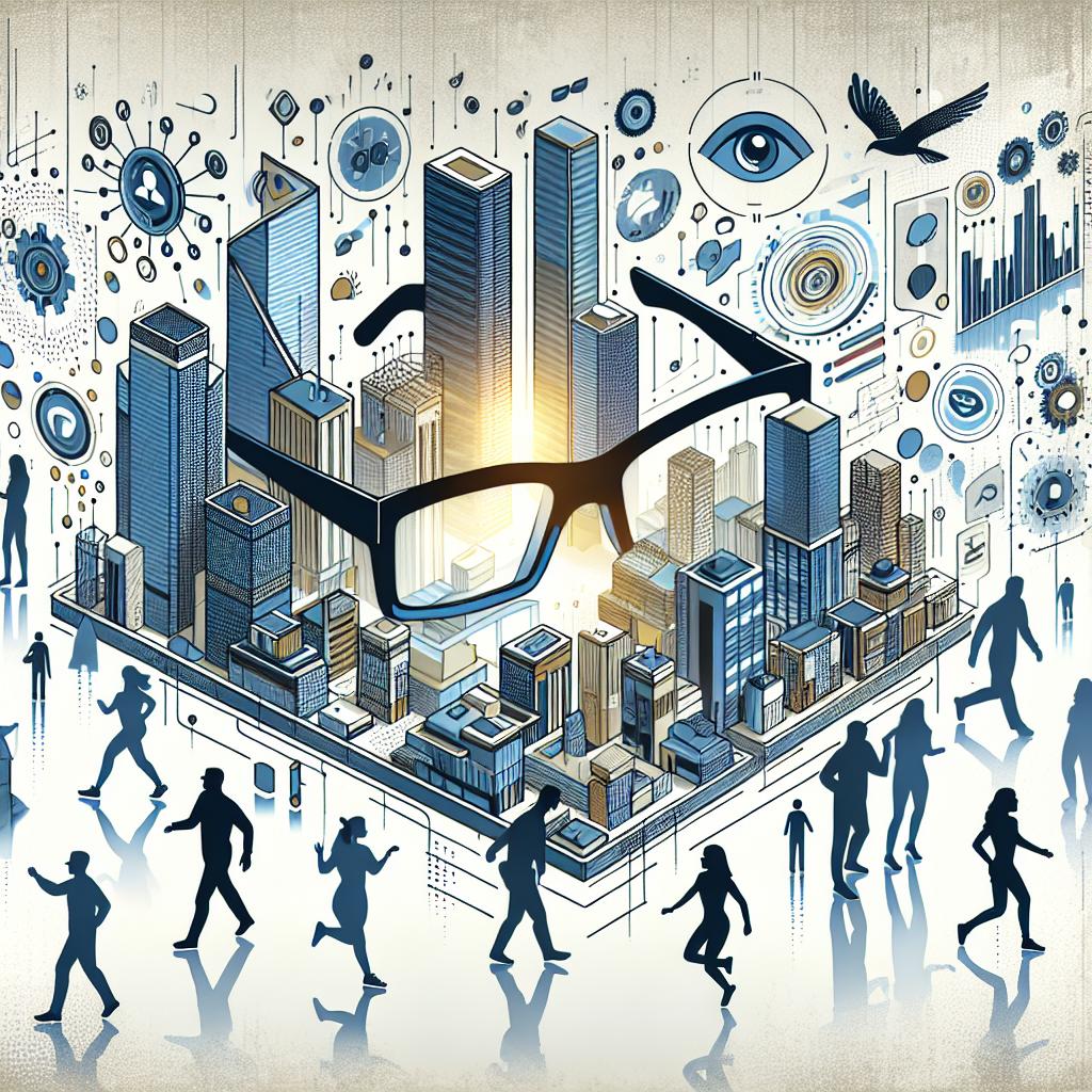 Envision a modern design of smart glasses portrayed in a thriving urban setting. The 2D, vector-style illustration sets on a white and textureless background, embodying a corporate and flat approach. Numerous individuals of varying descents and genders are engaging dynamically with the surrounding technology, a testament to the seamless integration between the digital realm and physical world. The scene vividly epitomizes the prophecy of smart glasses becoming increasingly popular and functional by 2025, largely influenced by strides in Artificial Intelligence. Key elements include smart glasses connoting technological innovation, everyday utilization of these devices in the urban backdrop, human interactions to underscore social and functional aspects, and AI elements to depict the driving force behind these gadgets.