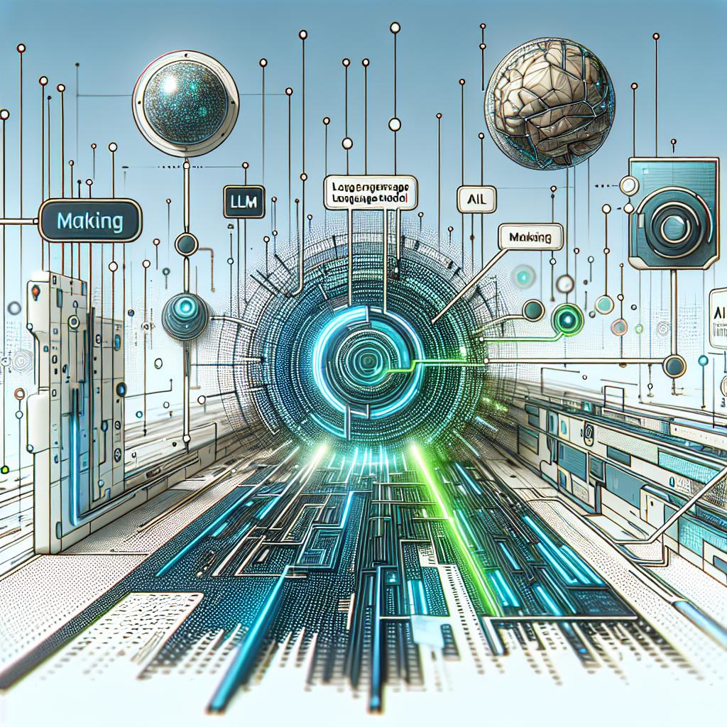 Generate a 2D, linear perspective image that represents the operation of a large language model (LLM) in a futuristic digital environment. The scene should contain visual elements representing the AI's marking on a text. The background should be dynamic with visual elements that evoke the idea of technology and innovation, all on a white and textureless background. Additional elements should include a marked text representing visually the marking in the generated content, a representation of an AI model which shows the base from where the text is generated, digital colors in shades of blue and green to convey technology and modernity and a data pathway that represents the interaction between the user and the model. The overall style should be vectorial, flat, and corporate.