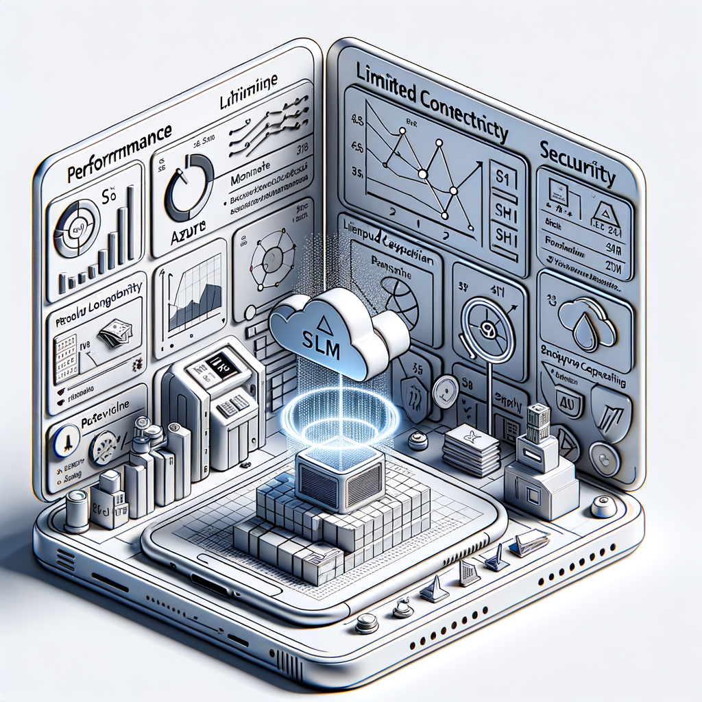Render a 2D, linear perspective, vector-styled corporate illustration on a white, untextured background. The scene depicts a mobile device demonstrating the workings of Small Language Models (SLMs), emphasising their real-time processing capability and efficiency. Performance charts are included to signify the high proficiency and rapid response of SLMs. Display icons that symbolise limited connectivity, representing SLM's optimal operation in environments with restricted connectivity. Security symbols show the assurance of data privacy and safety. Include a logo that alludes to Microsoft Azure, underlining its enterprise-level hosting and integration with Azure, without directly portraying any copyrighted logos.