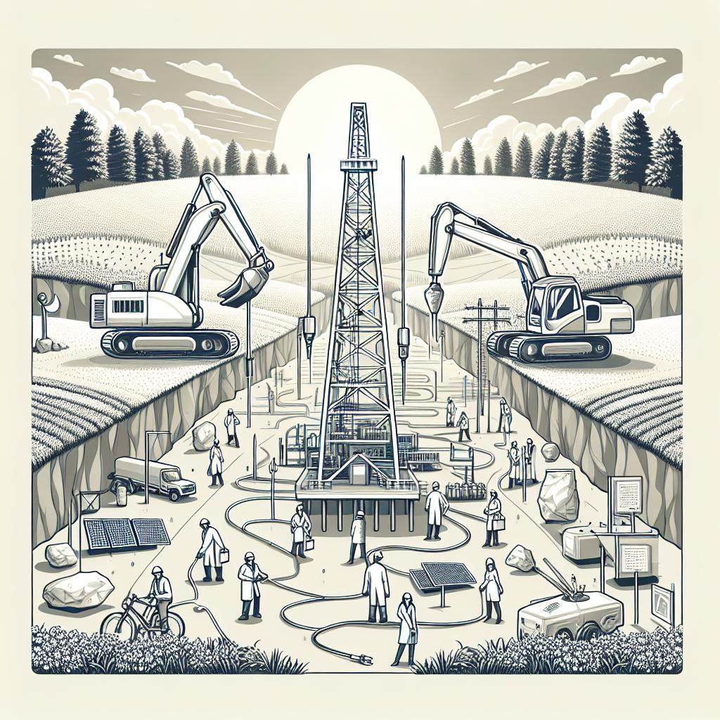 Picture in a flat, corporate vector style, set in a 2D, linear perspective. Visualize an open field with drilling equipment signifying the new era of energy exploration. There are also scientists at work, symbolizing the groundbreaking research in hydrogen, and they are a balanced mixed group in terms of race and gender. The natural backdrop represent the marriage between technology and the environment. The image has a white, untextured background, emphasizing technological cleanliness and neutrality. Remember, the scene is a metaphor for the search for unexplored underground hydrogen deposits.