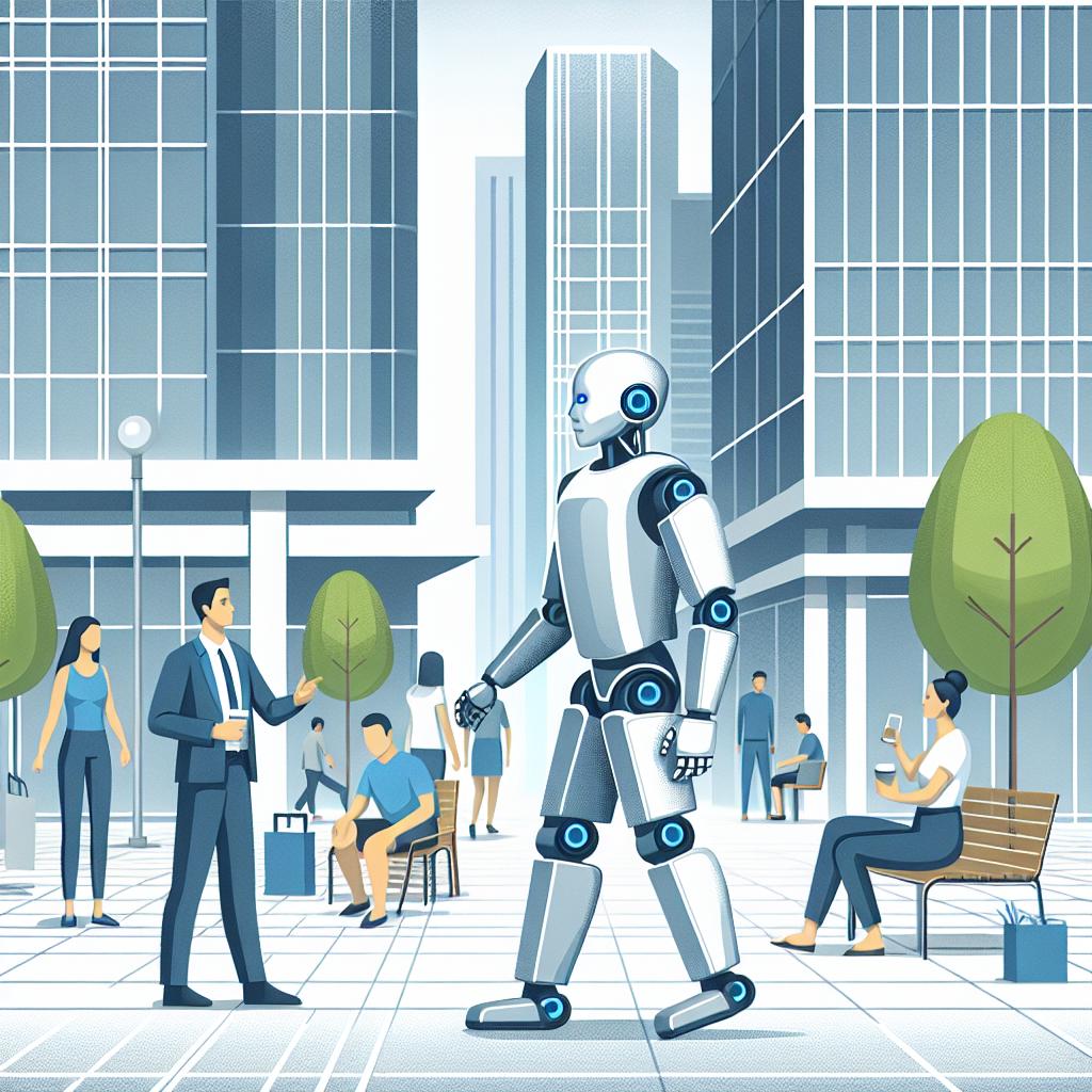 Illustrate a scene where the humanoid robot Atlas, created by a known tech company, is seen in a flat, corporate-style 2D vector depiction. This robot is integrated into an urban environment and is shown interacting with humans of different genders and descents performing everyday tasks. The scenario should symbolize the integration of technology into the day-to-day life of people. Background of this composition should be white and texture-free, focusing on the interaction between humans and the advanced technology represented by the Atlas humanoid robot. This scene showcases human-robot collaboration in a modern urban context.