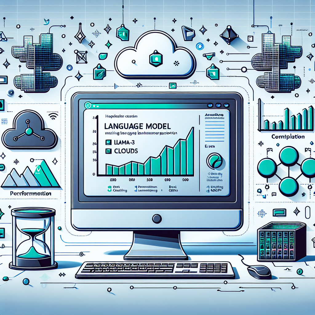 Create a 2D, flat, corporate-style image representing the fine-tuning process of large-scale language models, such as hypothetical ones named Llama-3, Mistral, and Mixtral, using the Anyscale platform. The main element should be a computer screen displaying language model performance charts, surrounded by stylized icons of data, clouds, and GPUs. The background should be a blend of blue and green, symbolizing innovation and efficiency. Extra details include: data icons representing data preparation for fine-tuning, performance charts indicating monitoring of the fine-tuning process, clouds symbolizing cloud computing and implementation on Anyscale, GPUs highlighting the importance of hardware in executing fine-tuning, and blue and green colors conveying a sense of modern technology. The backdrop should be white and texture-free, maintaining a linear perspective.