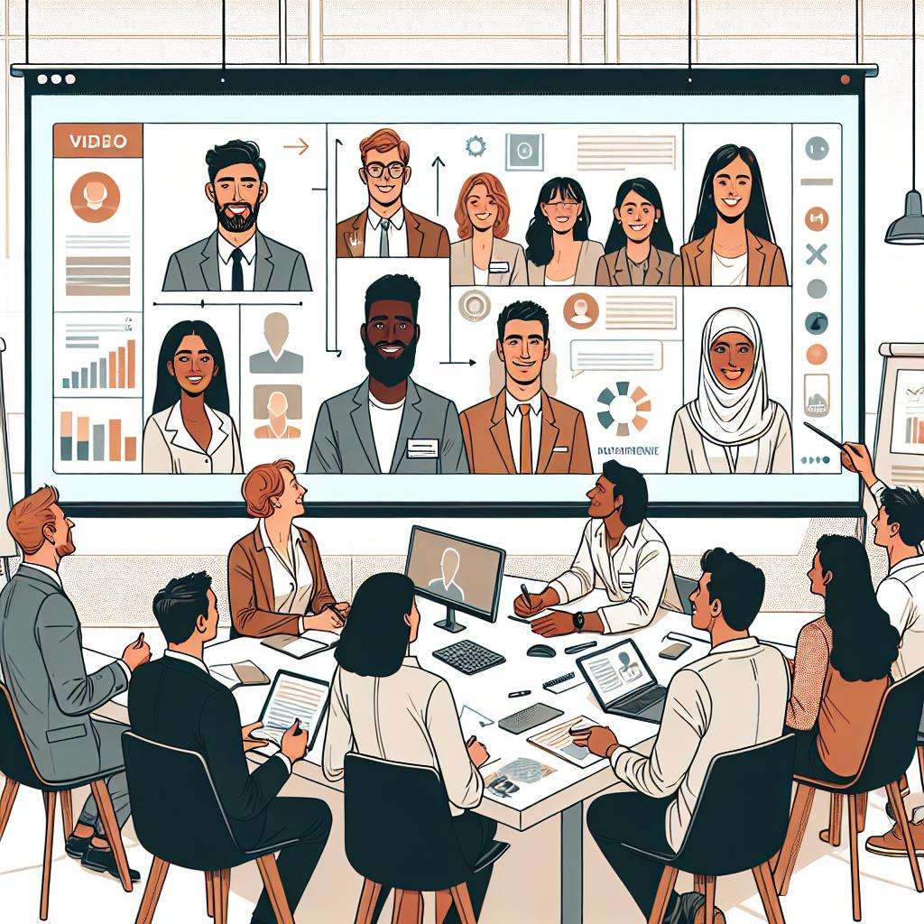 Create a 2D, linear perspective image in a flat, corporate style on a white, textureless background. Illustrate a diverse team of individuals in a modern office environment. They are watching a personalized video on a large screen during a meeting. Convey visible expressions of enthusiasm and engagement on their faces. Accessories such as notes and laptops should be present, indicating their active participation and interactivity. Make sure to represent inclusivity in the company by depicting team members of varying descents such as Caucasian, Middle-Eastern, Hispanic, Black, South Asian, and White in equal proportions.