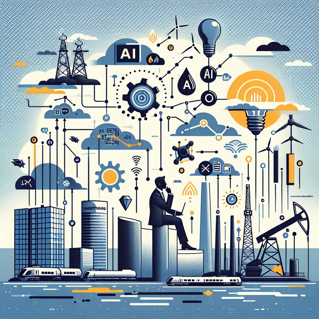 Create a corporate style, flat and vectorial 2D image set against a white, texture-free background. The image should reflect the interaction between the oil and technology industries, symbolizing the new era of AI-focused energy. Imagine oil giants navigating uncertain waters as they adapt to the advancement of Artificial Intelligence and the decreasing demand for fossil fuels, deciding to invest in the energy necessary to power the tech industry. Include growth charts to represent the expansion of the renewable energy market, as well as the logos of non-specific tech companies to symbolize the convergence of industries. To highlight the energy transition, incorporate visual elements associated with clean energy.