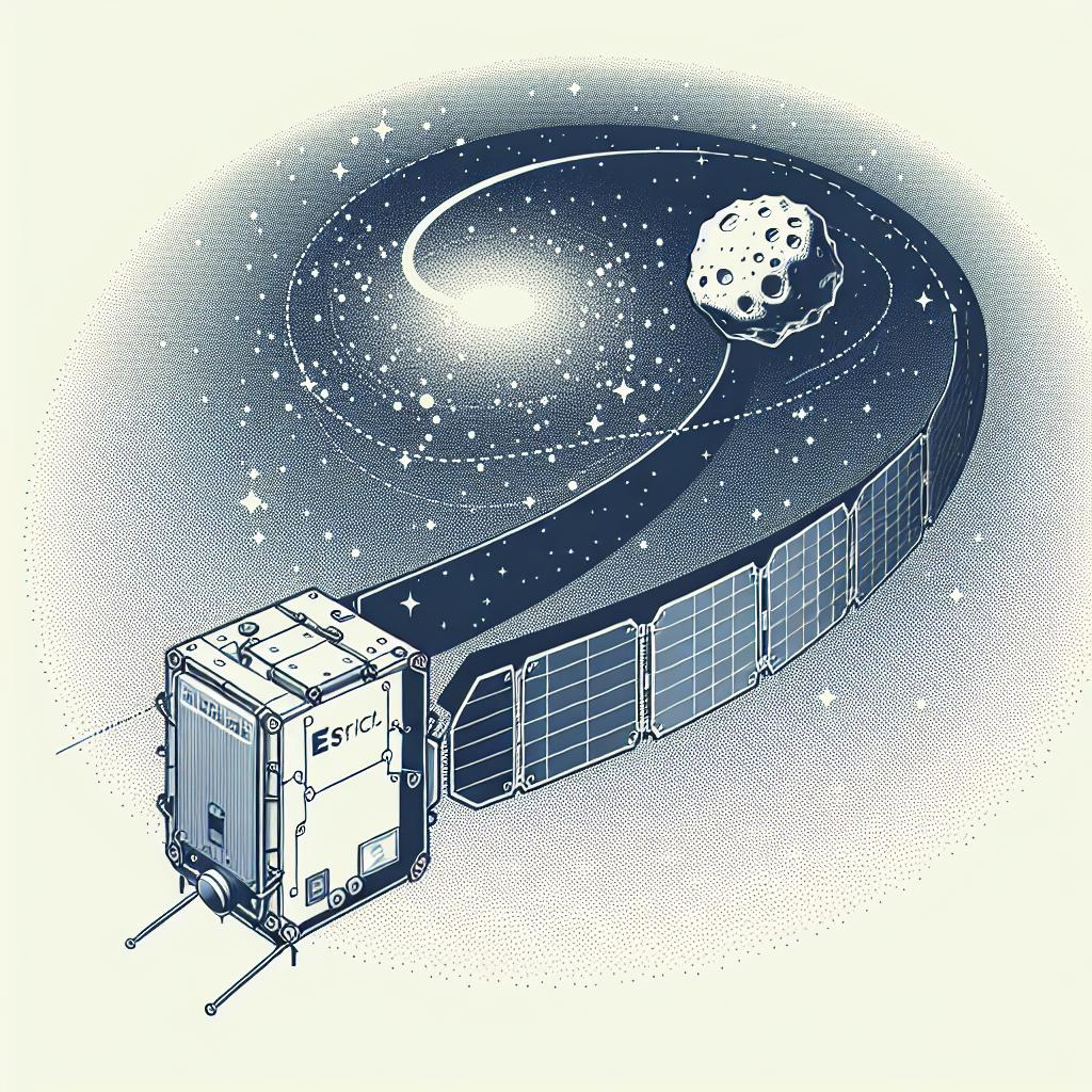 A 2D, linear perspective, vector-style image in a corporate flat design. The background is a serene, textureless white with scatterings of stars to denote the outer space environment. In the center, the European Space Agency's Hera spacecraft is prominently displayed, symbolizing innovation in space exploration. The spacecraft is making its scientific journey towards an asteroid called Dimorphos, emphasizing the mission's target. The path of the journey is included to represent the scientific endeavor involved. The simplicity of the corporate flat design accentuates the crucial motif of the link between space exploration and planetary safety.