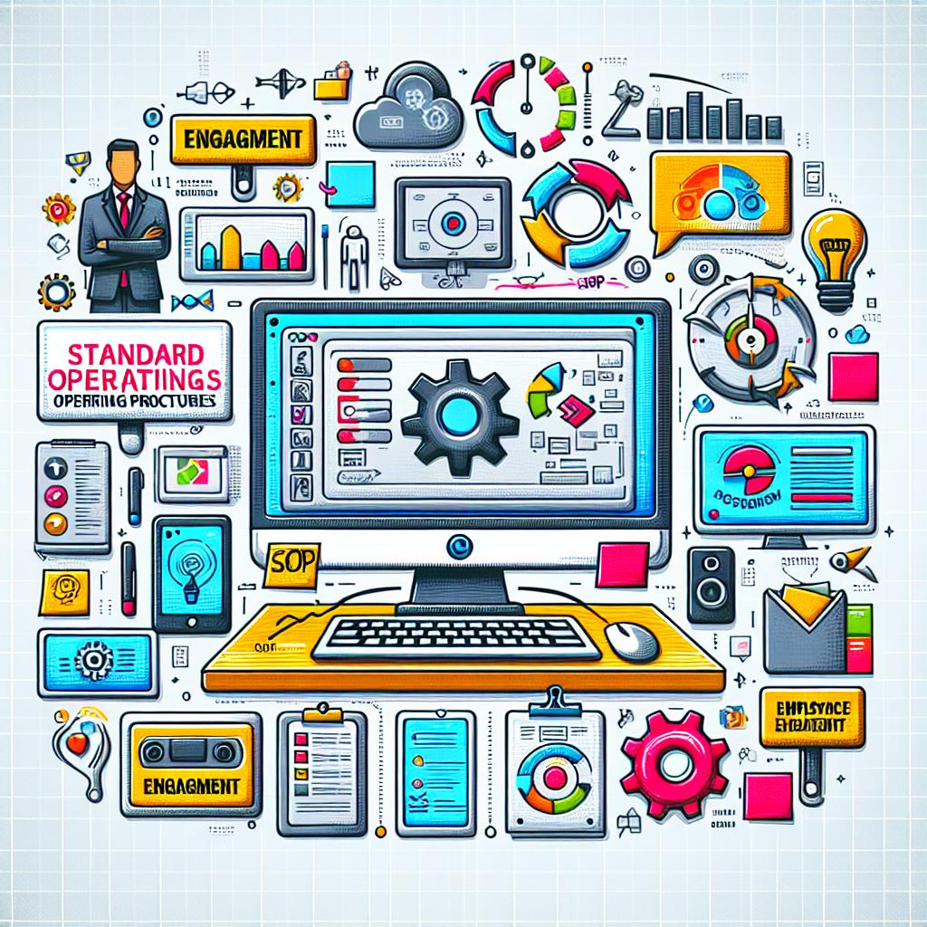 Imagine a 2D, flat, and vectorial corporate-style image. The setting is a white, textureless background. The main focus of the image is a computer screen displaying the creation process of a Standard Operating Procedures (SOP) video. Surrounding the computer screen are various software and Artificial Intelligence icons, symbolizing the innovative application of technology in training procedures. Additionally, key elements of SOPs are illustrated by sticky notes scattered around. To captivate attention and maintain a positive tone, a colorful background is incorporated. Engagement charts are also present, emphasizing the importance of employee engagement in learning.