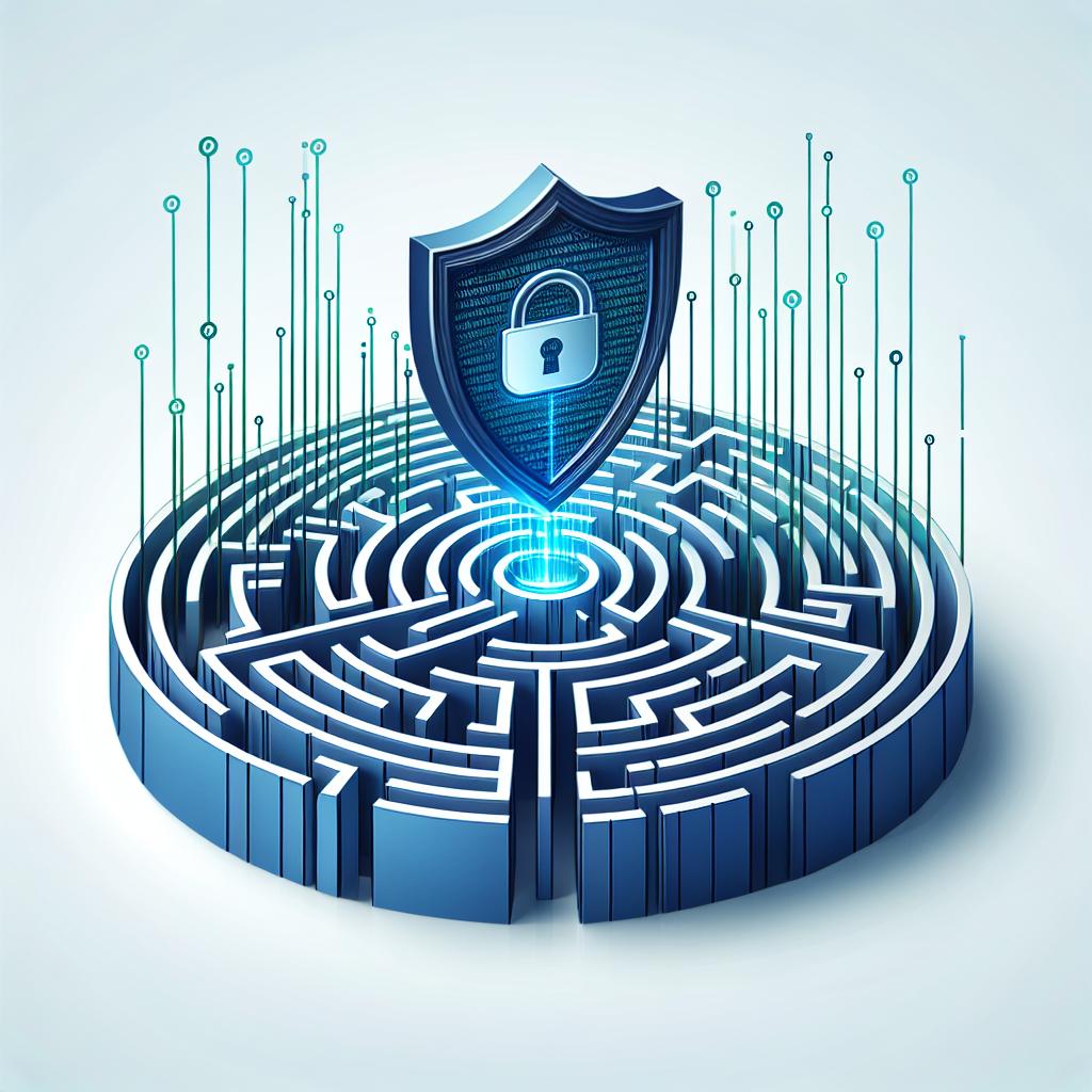 Create an image in a linear, 2D perspective, reminiscent of clean corporate vector art. The image background should be white and without texture. At the center, a labyrinth made of sleek royal blue lines symbolizes the complexities and challenges of AI security. At the entrance of the labyrinth, a digital, 3D metallic shield shines, representing protection and defense against attacks. Streaming out from the heart of the labyrinth should be streams of binary code in neon green, emphasizing the digital nature of generative models.