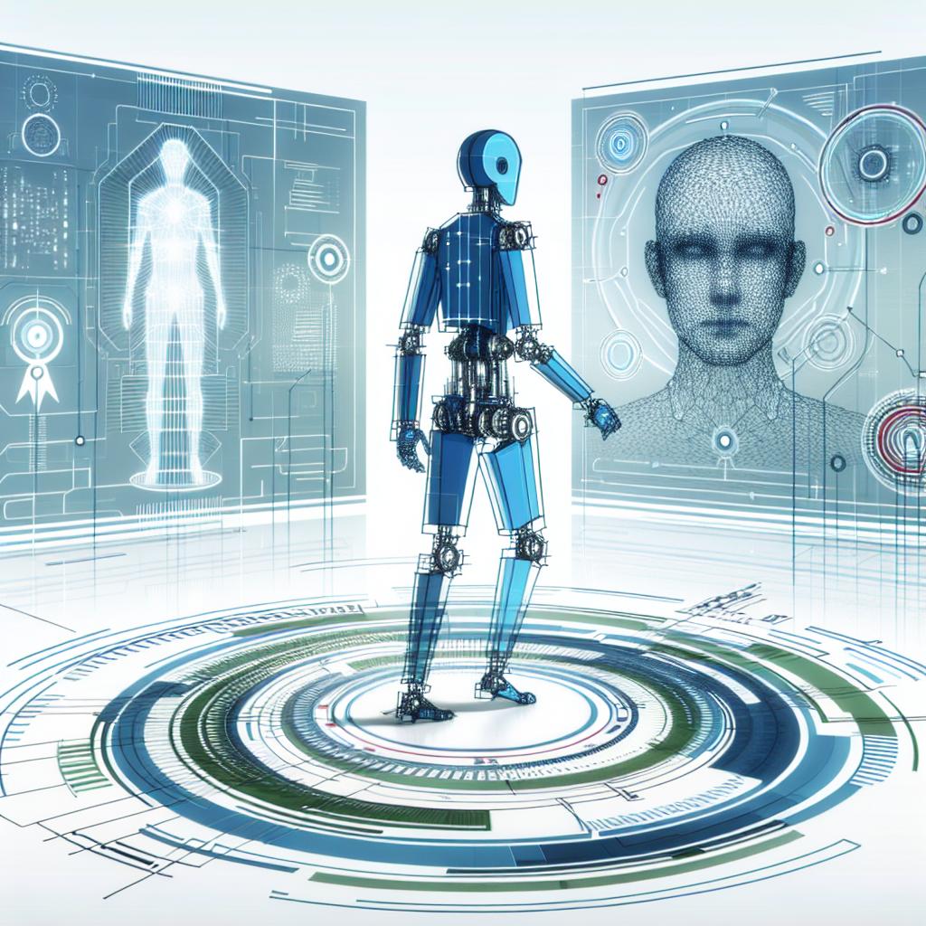A robotic figure from the future designed in shades of blue and green interacts with interfaces of artificial intelligence within a futuristic technological setting. The design of the robot and interfaces should follow a flat vectorial style, giving it a corporate feel. The background is pure white and devoid of textures, yet it should seem filled with elements symbolic of technology and data, such as graphical representations and circuit patterns. The perspective is two-dimensional yet possesses depth due to clever use of linear design effects. The scene evokes an atmosphere of innovation and interactivity.