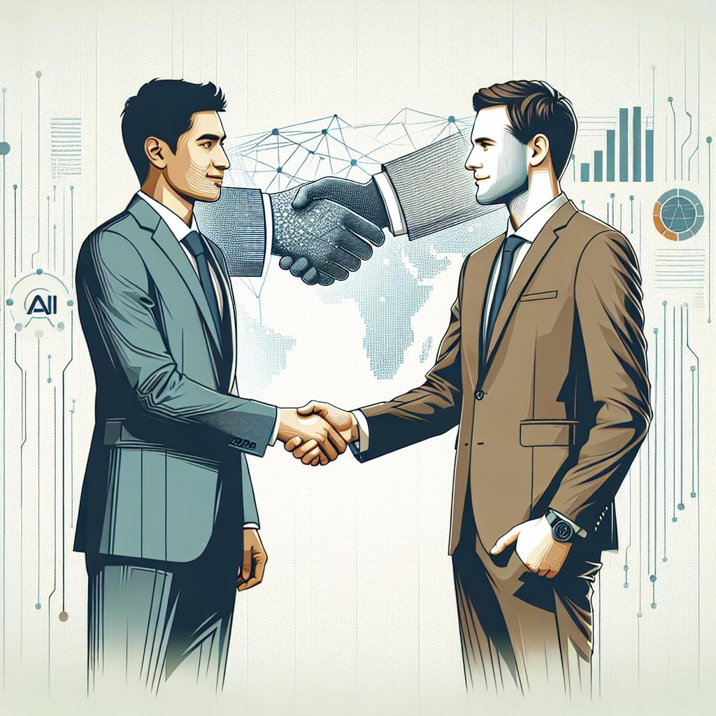 Illustrate an image in a sharp vector style and corporate flat design, leveraging a linear 2D perspective. Picture two business executives of different descents, one South Asian and one Caucasian, shaking hands in a modern professional setting. This handshake is intended to symbolize a strategic partnership formed on the 3rd of March, 2025. In the background, depict AI charts, which indicate the partnership's innovative focus on global AI solution adoption across public and private sectors, starting in the United Arab Emirates. Use restrained hues to convey seriousness and professionalism. The background of the image should be white and textureless.