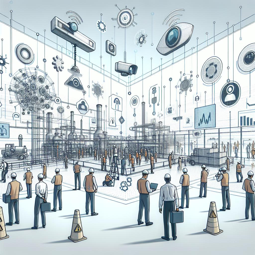 Imagine a 2D, linear perspective image that uses a corporate, vector, flat art style. The untextured background is white. In this futuristic illustration, the scene unfolds in an industrial setting where human workers and AI agents are interacting. Pay special attention to portraying the workers from a variety of descents including Caucasian, Middle-Eastern, Hispanic, and South Asian. Men and women are seen observing data analysis in real time. Security icons are scattered throughout to symbolize the focus on worker safety. Integral to the depiction are the characteristic elements such as cameras symbolizing real-time data collection and analysis graphs representing the data visualization and insights generated by AI.