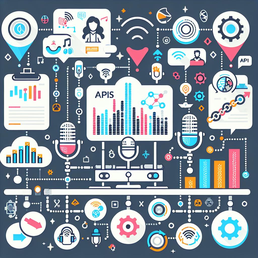 Create an image with a development environment illustrated with representative icons of APIs, integration, and collaboration. Display elements that symbolize audio transcription and the use of artificial intelligence such as microphones, sound waves, and performance charts. The style should be flat and corporate vectorial, viewed in a 2D and linear perspective. The interesting elements are microphone icons (symbolizing audio transcription), performance charts (exemplifying data analysis), colorful arrows (representing collaboration and teamwork flow). The image should have a modern, white, and texture-less background, indicating innovation and technology.