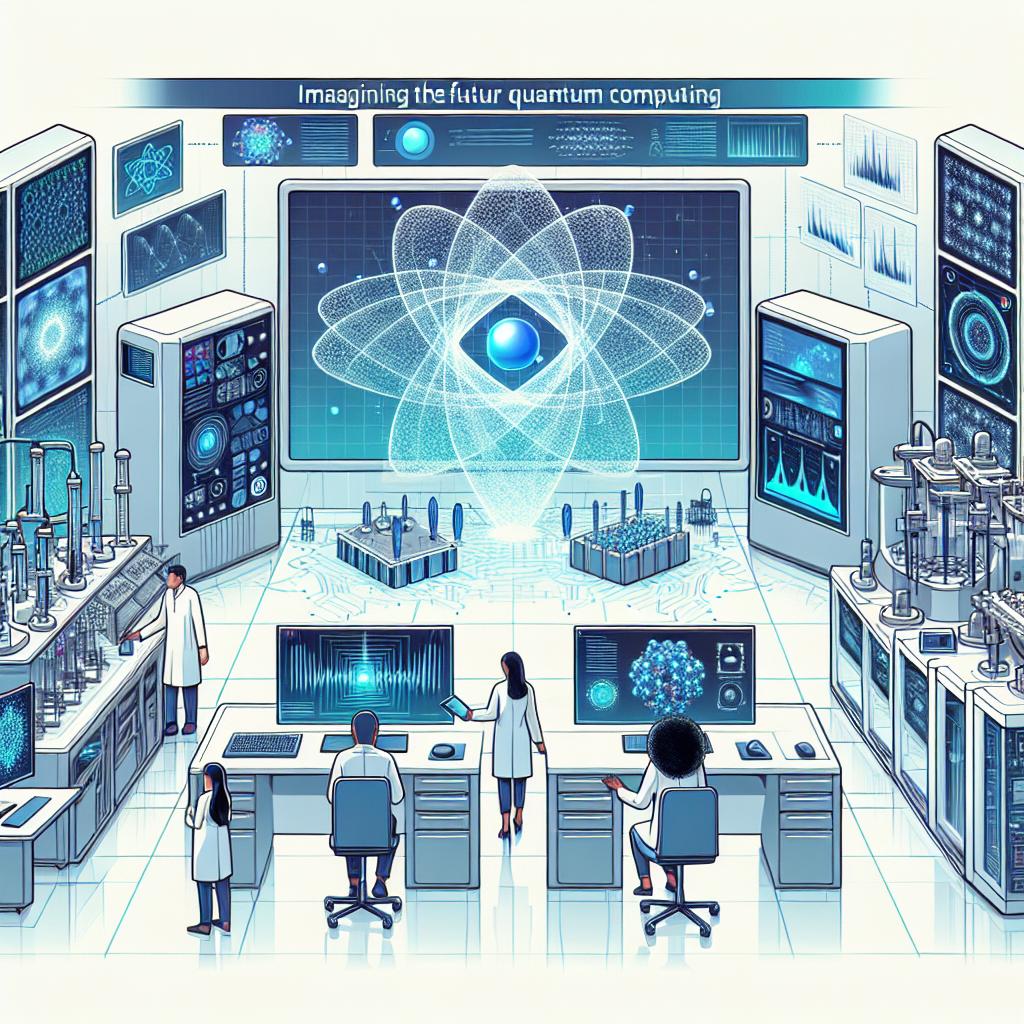 Imagining the future quantum computing. The image showcases an avant-garde and modern laboratory dedicated to quantum computing, filled with hi-tech tools. Notable elements are a myriad of sophisticated devices, necessary for quantum computation and simulations as they hint at the practical applications in research. Accentuated are quantum graphic simulations displayed on screens, symbolizing coming innovations. Added human elements, two scientists, one South Asian female and one Black male, operating and studying the quantum data. The style adopts a minimalist 2D linear, and corporate aesthetic. Background is smooth and white in contrast with cool colors (blue and green) dominating the space to connote advanced technology.