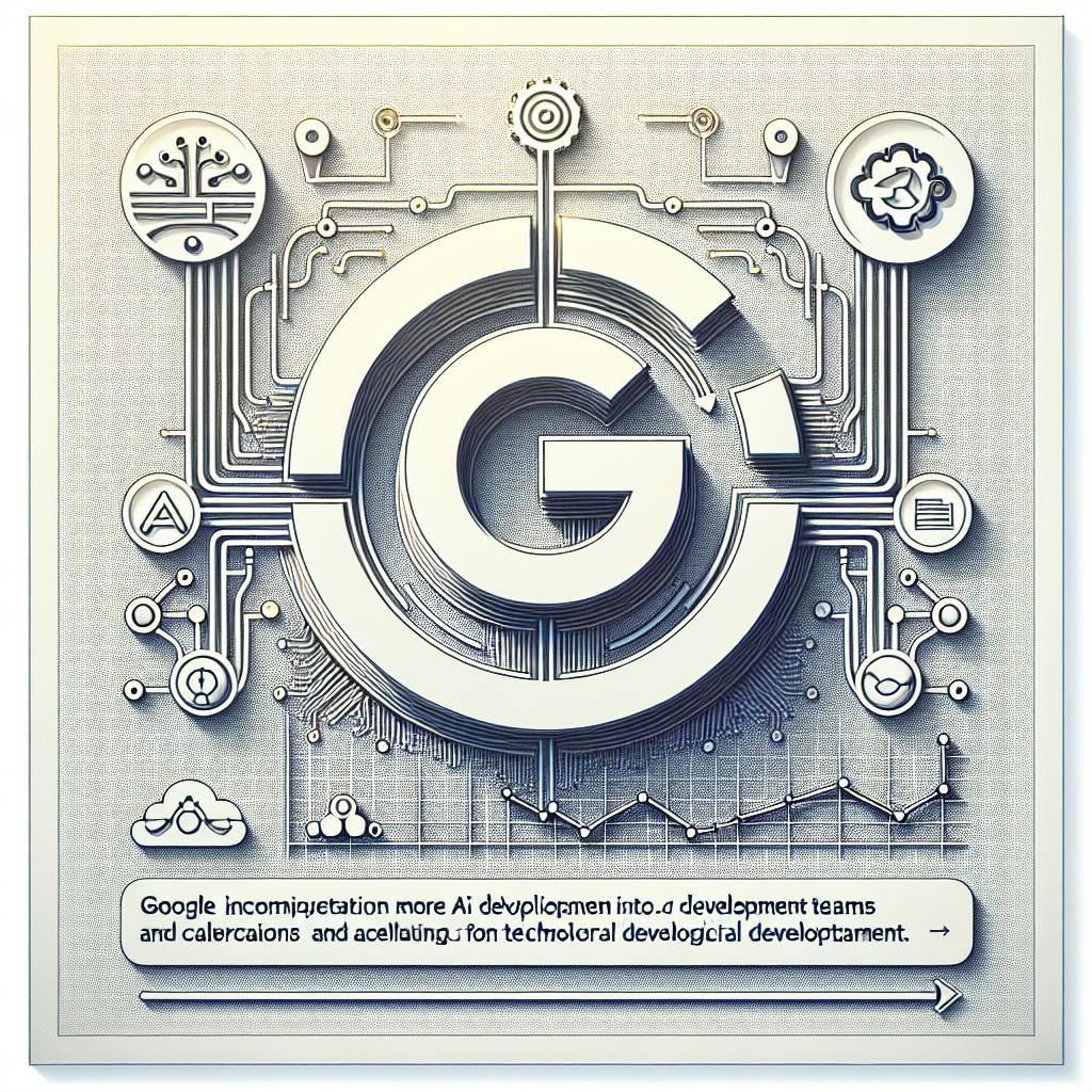 Create a 2D, corporate, flat vector-style illustration featuring the Google logo as the central theme on a texture-less white background. Incorporate elements symbolizing integration of teams and acceleration of technological development, such as interlinked paths signifying collaboration amongst teams and growth charts indicating expected innovations. The image aligns with an announcement made on January 9, 2025, about Google incorporating more AI development teams into Google DeepMind to enhance its AI technology research and development pipeline.