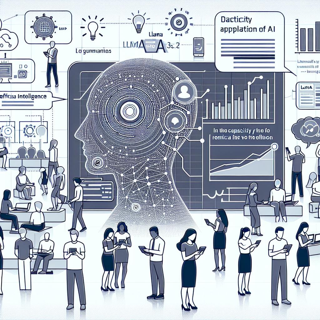 Create an image in 2D, linear perspective with a flat, vector-based, corporate style. The background should be white and textureless for simplicity. In the foreground, depict humans of variety of descents and genders as they interact with artificial intelligence software on their mobile devices. Highlight the capacity of the AI by incorporating visual data graphs. This image should emphasize the practical application of tech advances such as Llama 3.2.