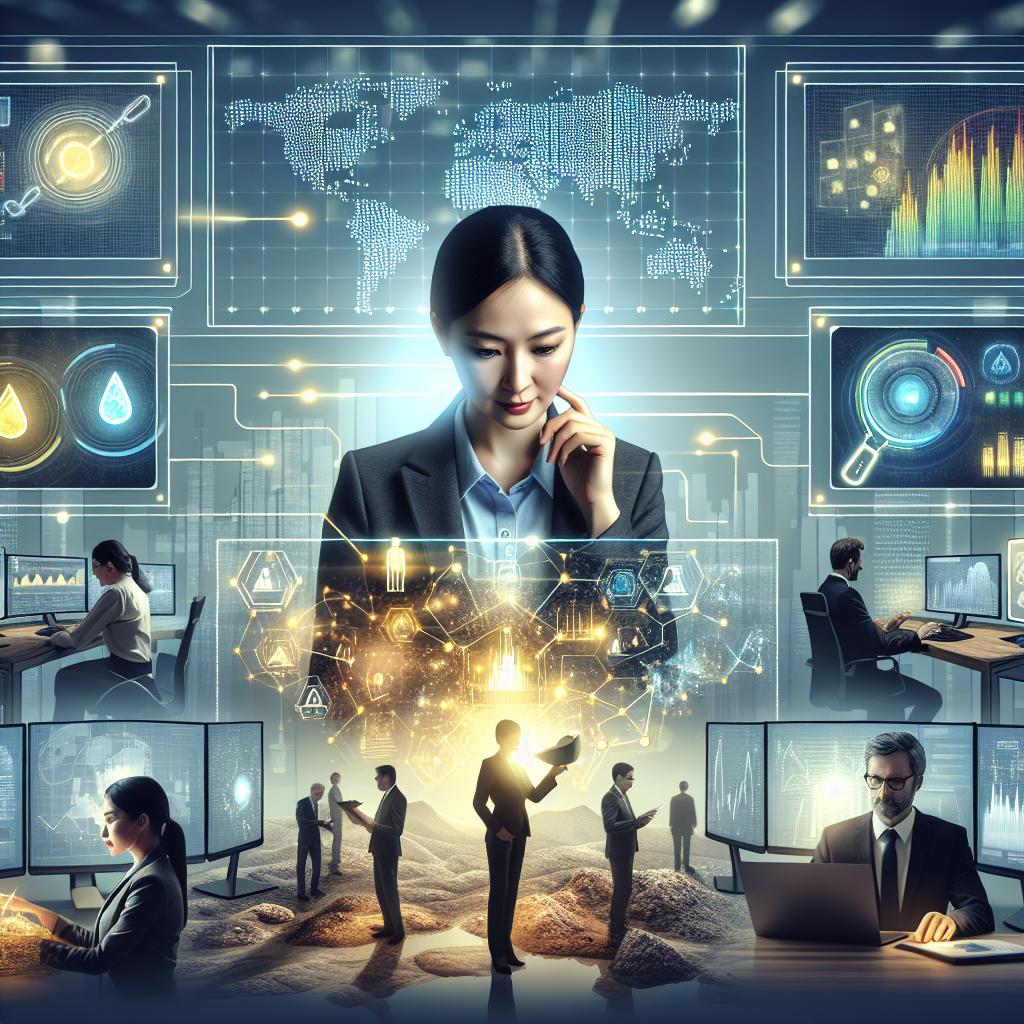 Create a flat, corporate-style 2D image representing the intersection of artificial intelligence and mineral exploration. In a modern office setting, visualize a South Asian female data analyst examining data charts on a computer. Illuminate the background with LED lights symbolizing innovation. Also depict other colleagues, for instance a Caucasian male mineral expert studying mineral samples, a Middle-Eastern woman interacting with digital screens, further emphasizing the blend of technology and mining. The scene should also include graphic charts, emphasizing data-driven decision-making, and computers symbolizing applied technology. Set this against a textureless white background.