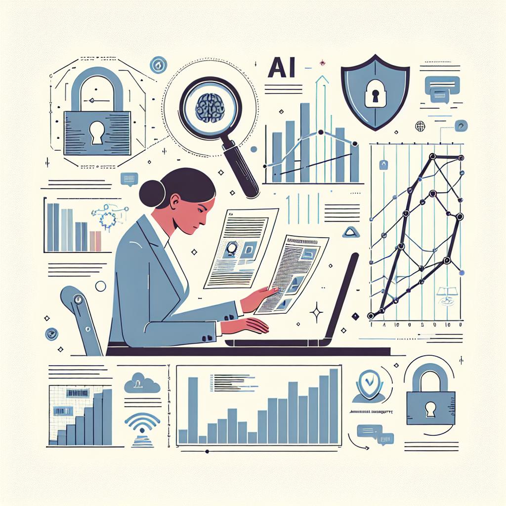 Create an image in vectorial, flat, and corporate style set against a white, texture-less background. The image should depict a professional - a Hispanic female - scrutinizing documents on a computer screen, with visible data and graphs, signifying the use of artificial intelligence for detecting frauds. Other elements to include should be real-time data analysis represented by background graphs. The inclusion of document icons silently talking about the document analysis, a digital lock symbolizing information security, and an ascending curve graph pointing towards the growth and safety offered by AI. All elements should be in a 2D, linear perspective.