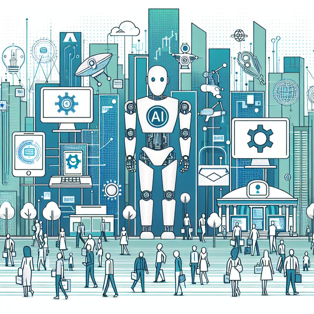 Create an illustration reflecting the New Era of AI Regulation which encapsulates a futuristic scenario where AI technologies are integrated with daily life. The image should have a white, textureless background and be 2D and linear, in a vector-style, corporate, and flat design. The elements include robots, symbolizing AI and its societal integration, computers representing the technologies under discussion for regulation, and people of various descents and genders, showing the interaction between humans and AI in a harmonious environment. Include a futuristic urban scene to reflect the impact of technology on our daily lives, using colors such as blue and green to denote innovation and progress.