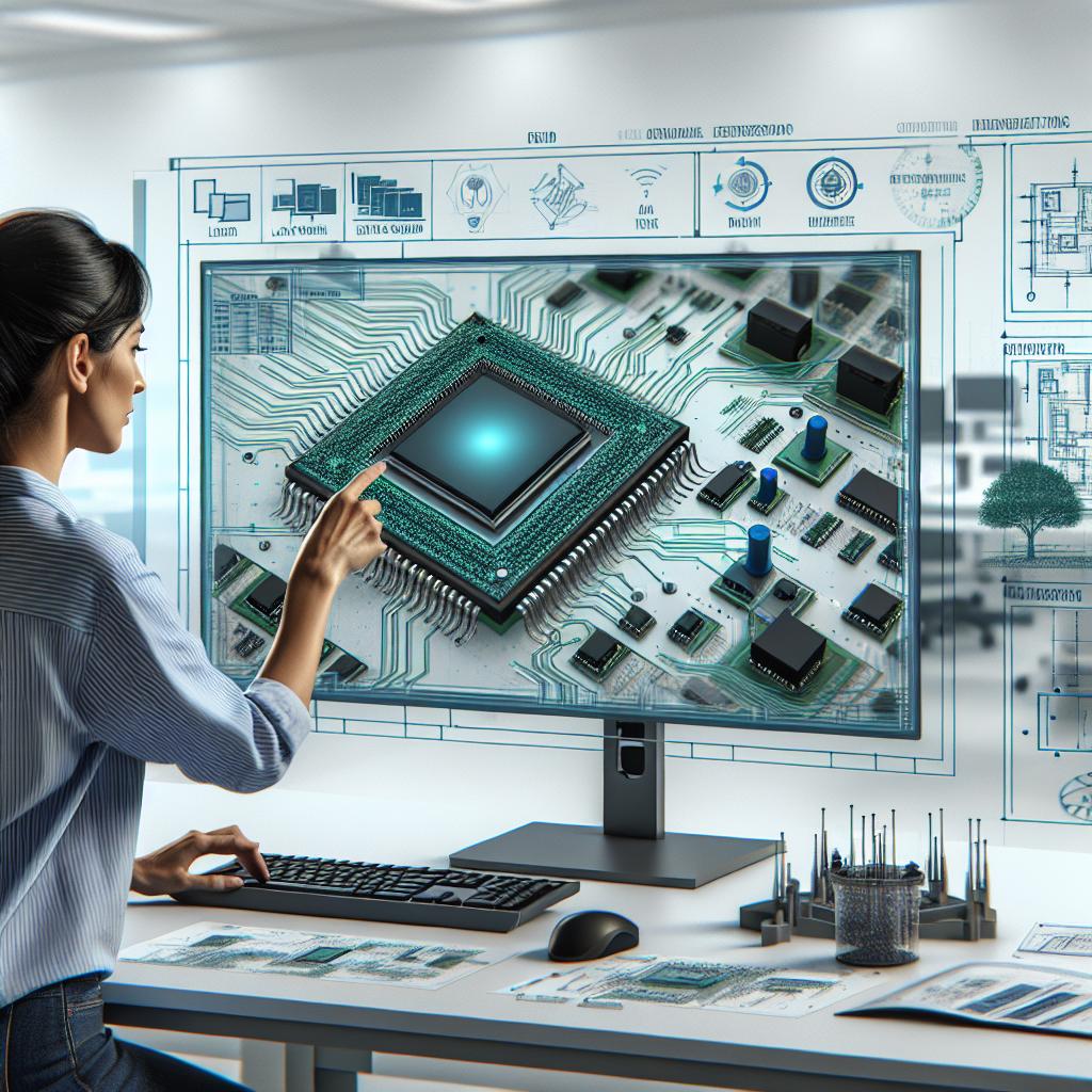Create an image in a 2D, linear perspective with a flat, corporate, vector style. It should feature a Hispanic female engineer analyzing an integrated circuit on a computer screen. The screen should display various graphics and data to symbolize the Layout versus Schematic (LVS) verification. The environment should be modern and high-tech, reflecting the contemporary nature of circuit design. The background should be white and textureless, with additional elements of blue and green colors to denote innovation and technology, graphics in the background illustrating verification data, and digital design equipment symbolizing the semiconductor industry.