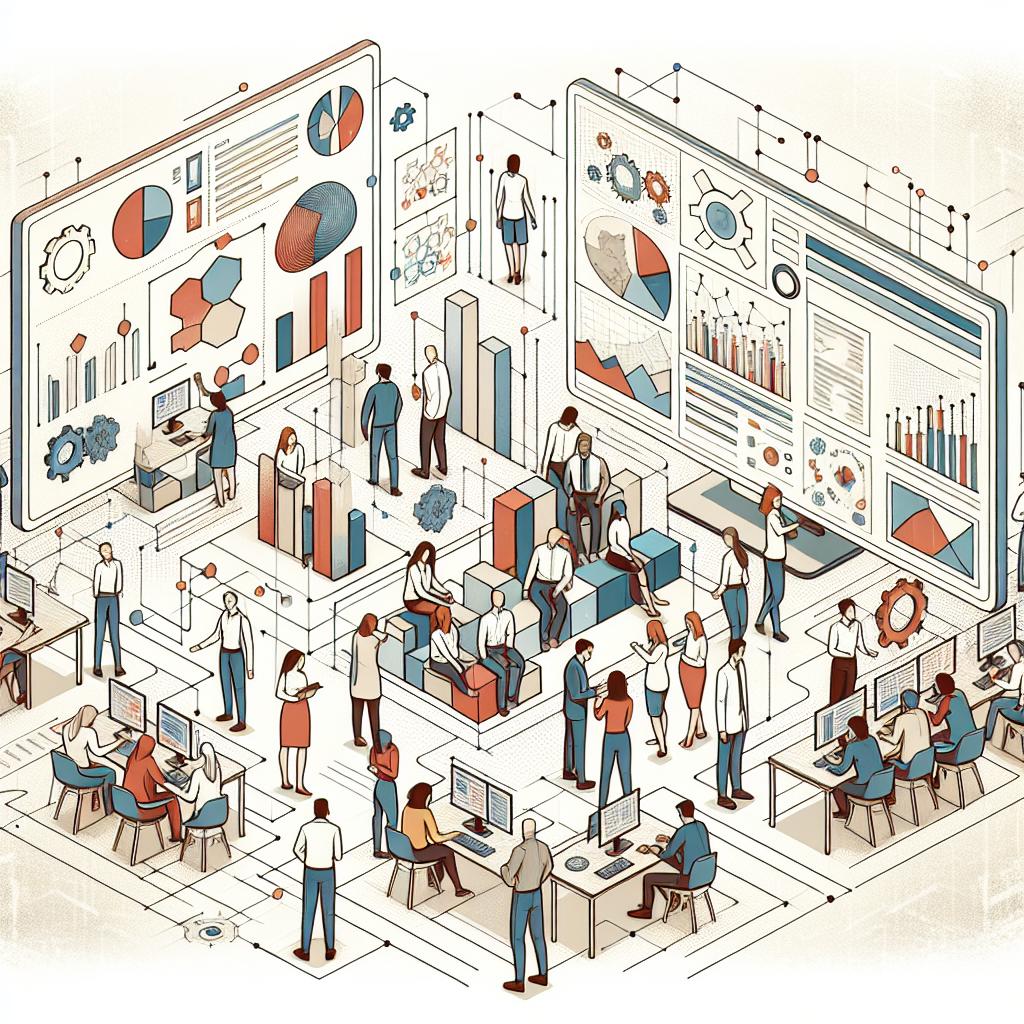 Showcase a flat, corporative and vectorial based image, set in a 2D linear perspective against a white, textureless background. The main elements of the picture should consist of a diverse group of people, both male and female of different descents such as Caucasian, Hispanic, and Middle Eastern, working collaboratively. These teams should reflect the interaction among different departments. Infuse this scene with the symbolism of data analysis through data chart graphics visible in the scene. Include representations of technology within research via computers and screens. The image is meant to depict Perplexity's new tools for research and collaboration launched on October 17, 2024.