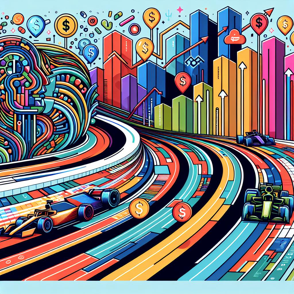 Generate a 2D, linear perspective, vector-style illustration depicting the intense competition in the field of artificial intelligence investments. Use a plain white background. Show abstract representations of technology companies using vibrant colors and no direct logos, racing on tracks that are shaped like upward and downward curves, representing the financial growth and challenges in the sector. Include symbols of money, like dollar signs and coins, to emphasize on the financial aspect. Incorporate colorful business growth charts to represent the financial results.