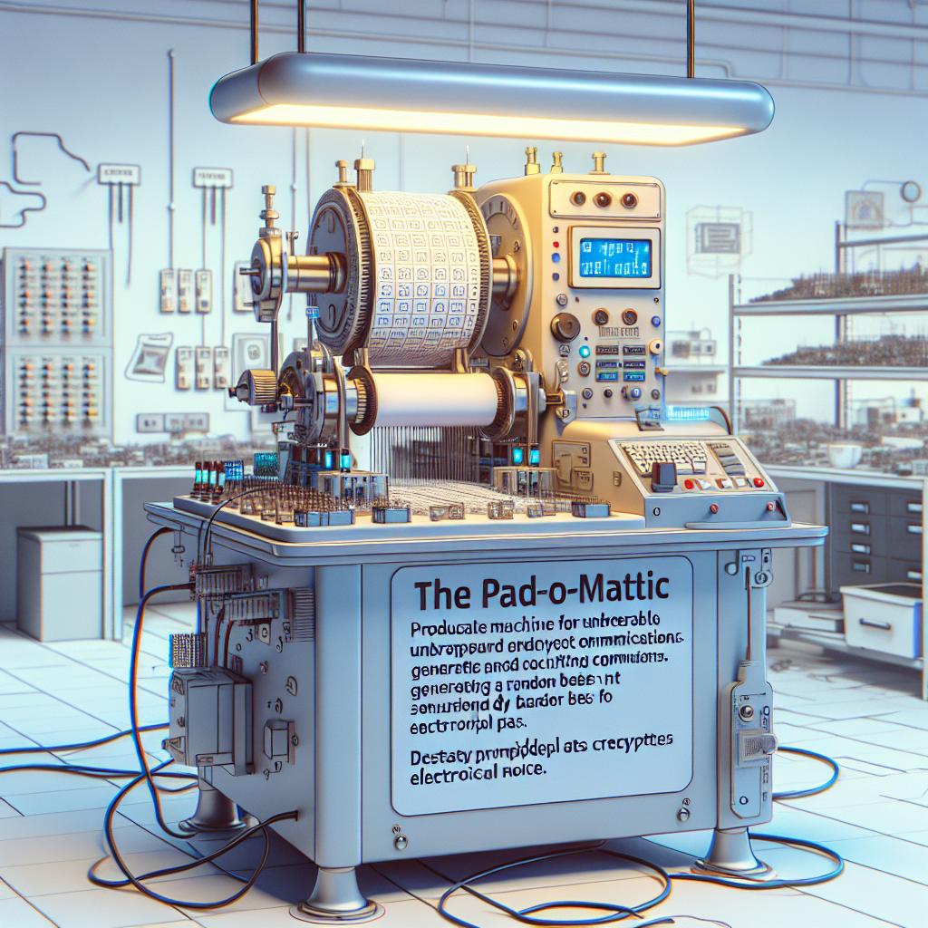 Depict an innovative machine called the Pad-O-Matic that produces one-time pads for unbreakable and secure encrypted communications, generating random bytes from electrical noise. The machine should be shown in operation, instantly printing cryptographic pads. Place it in a workshop setting filled with electronic components, depicting a DIY environment for enthusiasts. Render the image in a simple, flat, corporate 2D linear style. The background should be untextured and white. Ensure the lighting is soft, creating a welcoming and inspiring atmosphere.