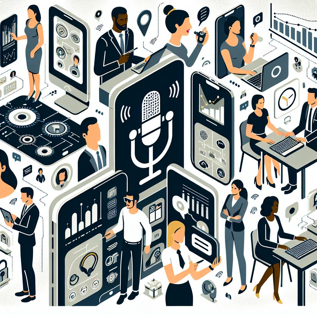 Depict a modern corporative work environment in a flat, 2D, vector style on a white, textureless background. Show a diverse group of people interacting with technology devices, representing the incorporation of Speech AI into business operations. A Caucasian man is analyzing data on a large screen, a Black woman is having a conversation via a hands-free device, a South Asian individual is managing a virtual classroom on a tablet, while a Hispanic woman is using a smartwatch for quick tasks. Include elements like audio icons and charts to symbolize the functionalities of Speech AI, illustrating its growth and evolution in various sectors.
