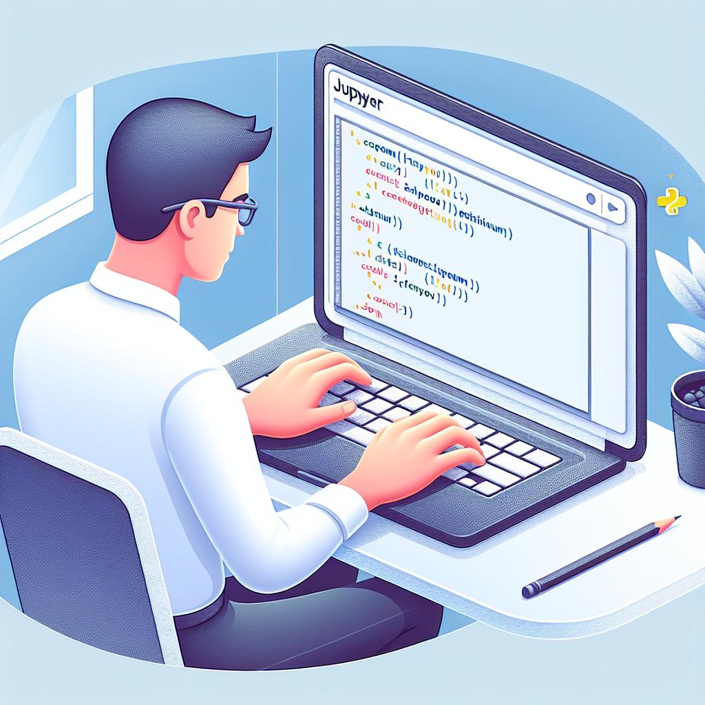Illustrate an image in a 2D flat, corporate style vector art. The image should show a developer of undetermined descent focusing intently on a laptop with Jupyter notebook interface and activated Codeium. The screen of the laptop should visually represent code with completion suggestions. Surrounding environment is cleanly white and textureless, offering a friendly and modern atmosphere.