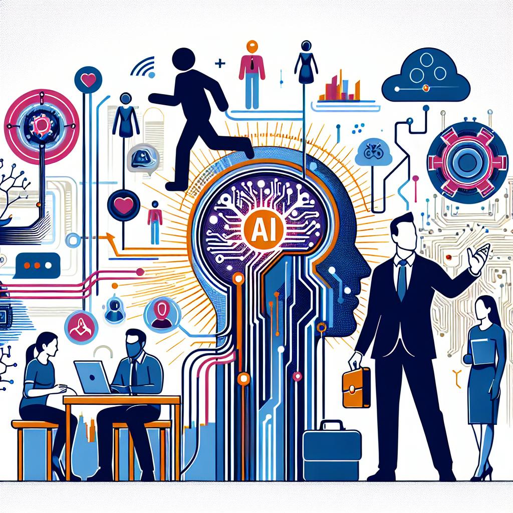 A visual representation of a tech entrepreneur and business expert enthusiastically discussing artificial intelligence in a futuristic setting during a tech conference. The setting is futuristic with elements of AI like circuits and human silhouettes interacting with technology. The main figure, while not being specific, should exude the essence of human empowerment through technology. The style is vector-based, flat, and corporate. The background is white and without texture. The perspective is 2D, linear. Additional elements include a futuristic scenario, signifying the vision of a world where AI empowers humans; interconnected circuits, symbolising that technology is a part of everyday life; human silhouettes representing human interaction with AI, all in vibrant colors to denote optimism and innovation.