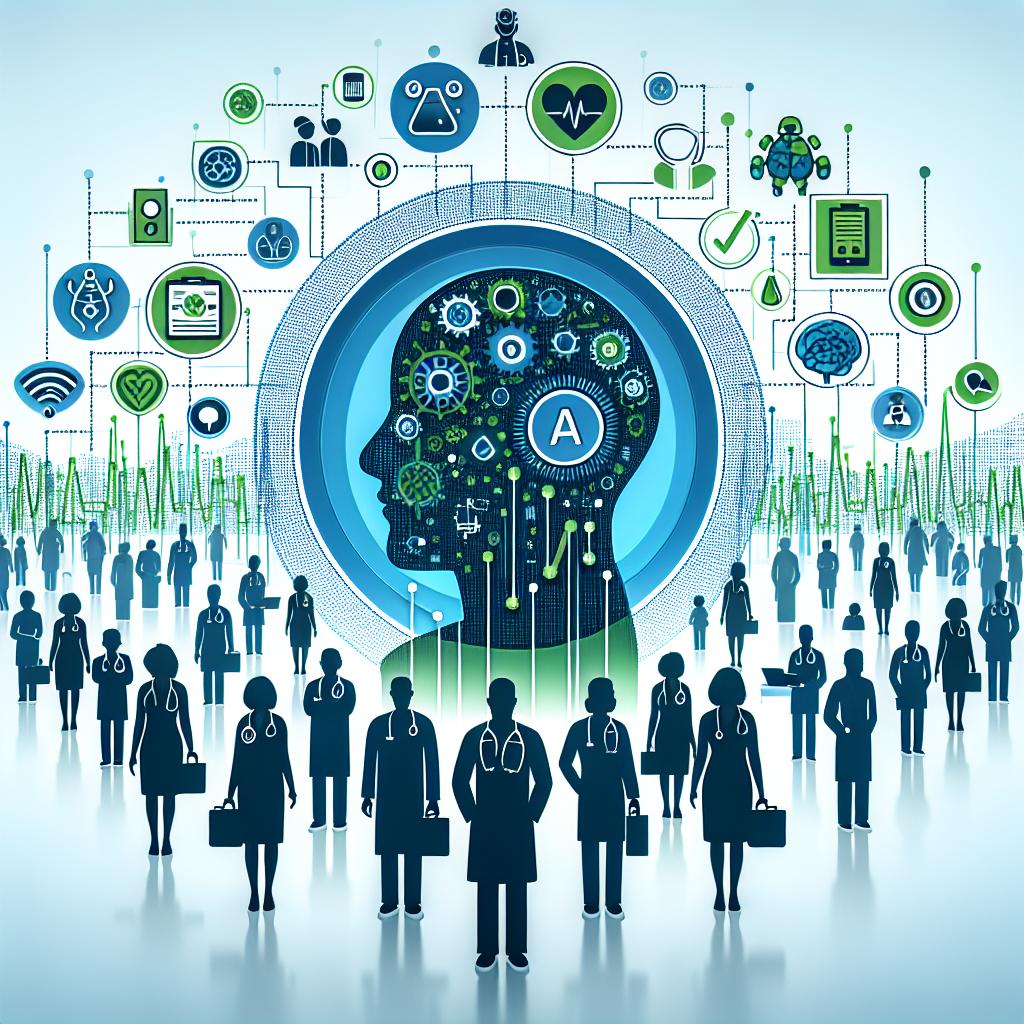 Visualize a 2D, flat-style, corporate image set against a plain white background. The primary colors are blue and green, representing technology and health respectively. The image portrays healthcare professionals of various descents and genders interacting with advanced generative AI technology. Iconic symbols of AI highlight the innovation in the field. Growth charts are visible, symbolizing improved access and outcomes. Silhouettes of patients of different descents and genders outline the patient-centric approach of the healthcare sector. The image demonstrates the pivotal role of GenAI in enhancing productivity and patient outcomes in healthcare.