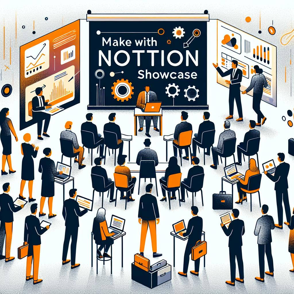 Professional leaders and passionate creators gather in a November meeting for the 'Make with Notion Showcase', held in European cities like Berlin, Paris, and London. The vector style, flat, corporate-themed image illustrates a vibrant meeting of business leaders and innovators. Set against a white, textureless background, the participants can be seen exchanging ideas and projecting the future of work. Key elements of the image include a banner with the Notion brand and the event's slogan, an engaged audience signifying interactivity, a highlighted presenter symbolizing leadership and inspiration, a modern environment depicting a collaborative workspace, and the visible use of technology like devices facilitating the discussion.