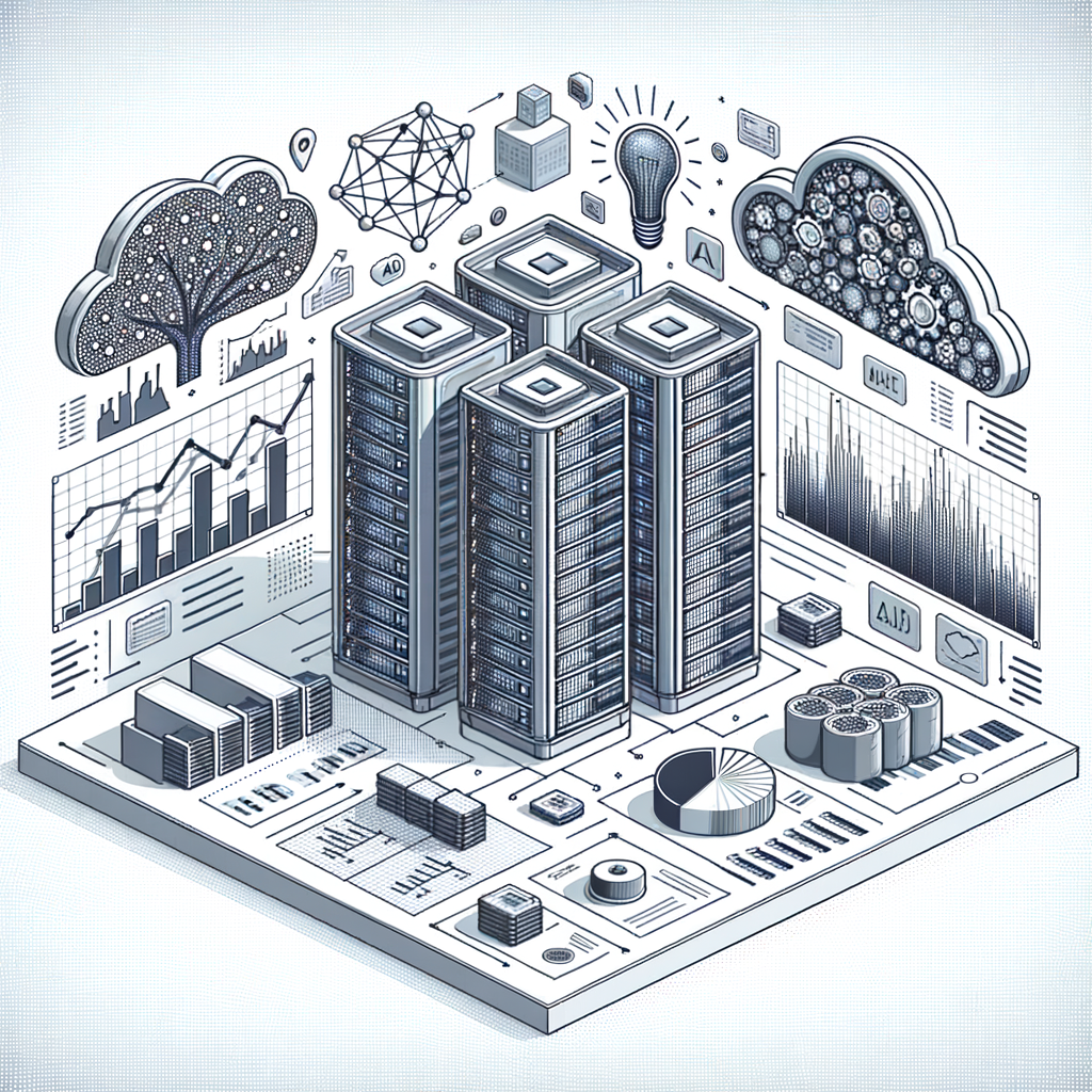 Create a 2D, linear perspective, vector illustration in a corporate flat design style. The image is set against a white, textureless background. It depicts a modern data center filled with servers, symbolizing data processing capacity. Also included are icons representing neural networks, symbolizing open-source AI models released by a large tech company. Data graphs are depicted, representing the analysis and processing of large volumes of data. Additionally, visual elements of code are present, indicating support for developers and programming. This image represents a robust cloud computing infrastructure and its various applications across multiple sectors.