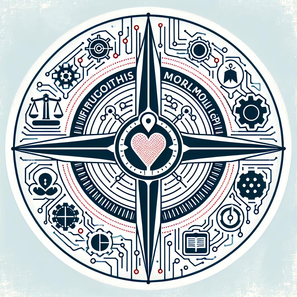 Create a flat, corporate-style, vector graphical representation of a 'Moral GPS', signifying the infusion of ethics in AI decision making, drawn from a 2D linear perspective. This involves a white and textureless background. At its core, integrate technological elements like circuits, signifying technology and artificial intelligence, and gears, highlighting the complex workings of AI. Assimilate symbols of morality such as balances, symbolizing ethics and morality, and hearts, denoting the significance of feelings in moral decisions.