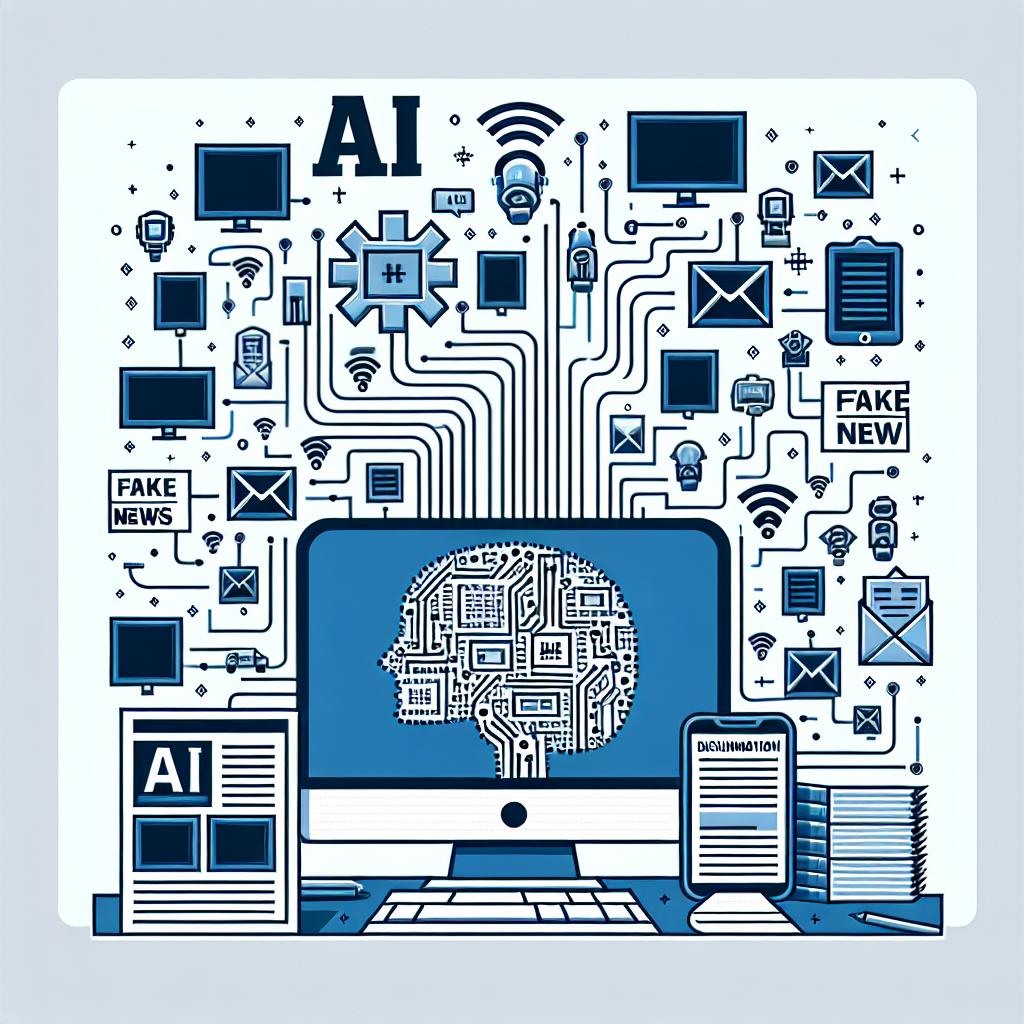 Create a 2D vectorial illustration in a corporate style depicting the impact of AI on belief in fake news, as per a study by an unnamed university. The image should have a plain white, untextured background. Prominently feature elements representing both technology and disinformation. For technology, include a computer emphasized in the foreground and a detailed circuit pattern appearing as symbols of AI. Show disinformation through papers scattered around, symbolizing fake news. To represent the digital domain, include subtle elements suggesting an online environment. Ensure everything's kept in a flat, linear perspective.