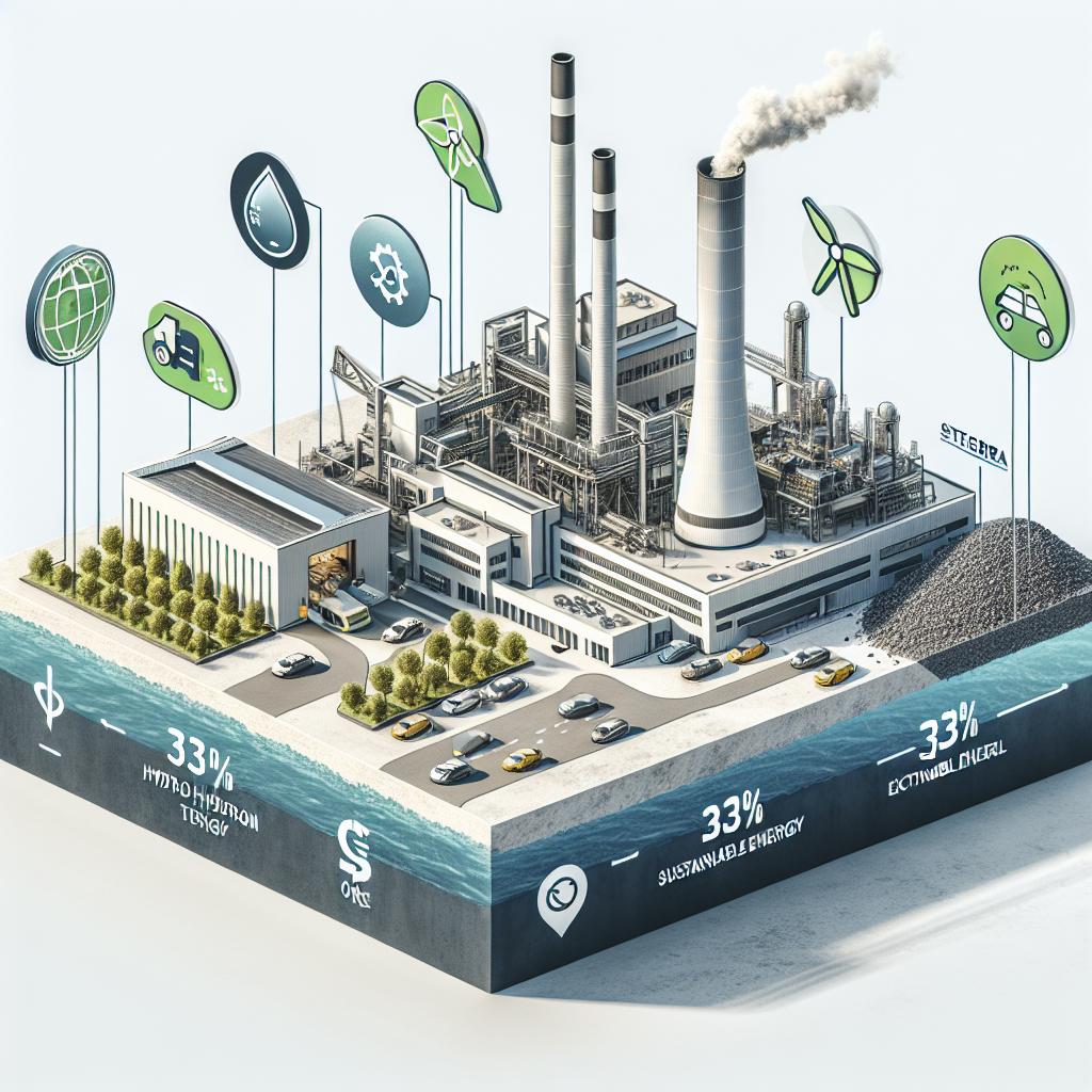 Depict a 2D, flat, corporate style image of the new plant of the Swedish startup, Stegra, on a white and untextured background. The plant is under construction in Boden, Sweden, and is highlighted with the integration of green hydrogen technology and renewable energy for the production of sustainable steel. Additional elements include visual representations of renewable sources such as hydroelectric and wind energy. Illustrate iron ore to show its importance in the production process. Add electric cars to symbolize the increasing demand for sustainable products. Lastly, portray a carbon emissions chart indicating the significance of emission reductions in the steel industry.