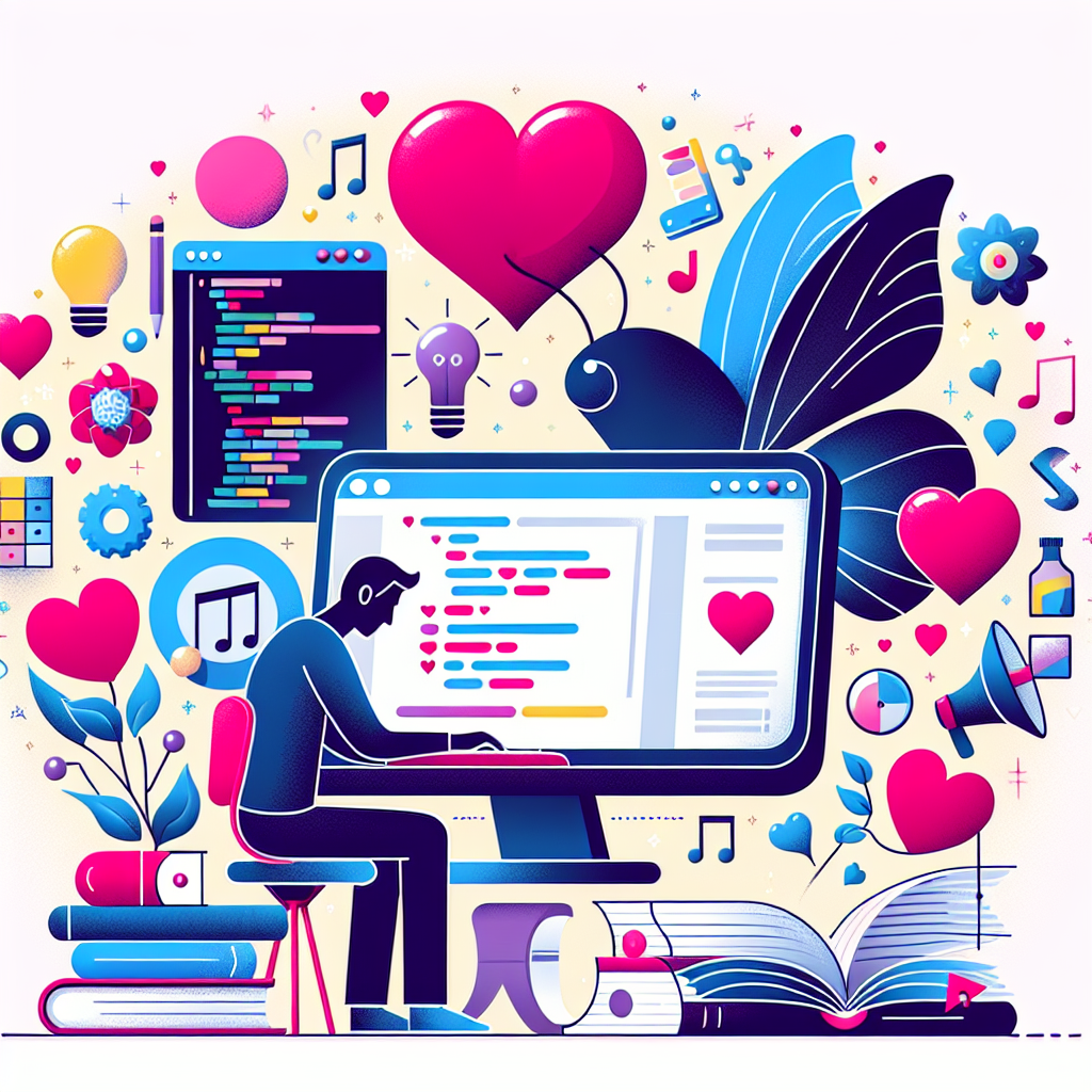 Create an image showcasing a developer working on a computer, surrounded by elements symbolizing love and creativity. The developer should be engaged in the process of fine-tuning data and sharing it on a platform using tools like SQL Console and Notebook Creator, and the aim is to generate poetic and emotional responses. The surrounding elements include heart shapes, open books, and musical notes, symbolizing love, poetry, and music, respectively. The background has a soft color palette with colors like pink and blue creating a welcoming and artistic ambiance. The image should be in a 2D, flat, vector, and corporate style.